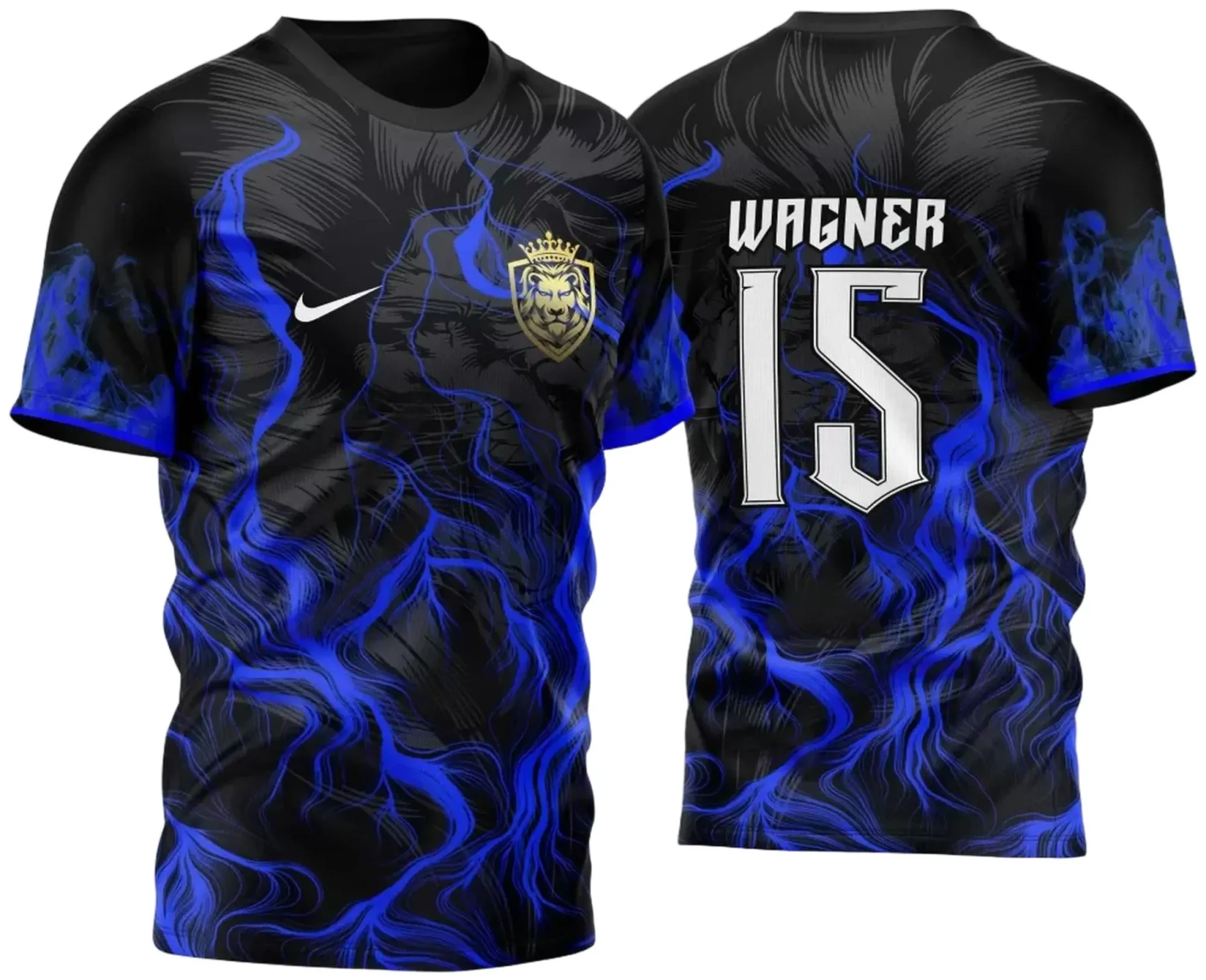 Camiseta unissex preta com logo no peito e estampa grande nas costas do Leão Fogo Azul InterClasse 2023, design moderno e vibrante, perfeita para quem busca estilo marcante e tema animal feroz.