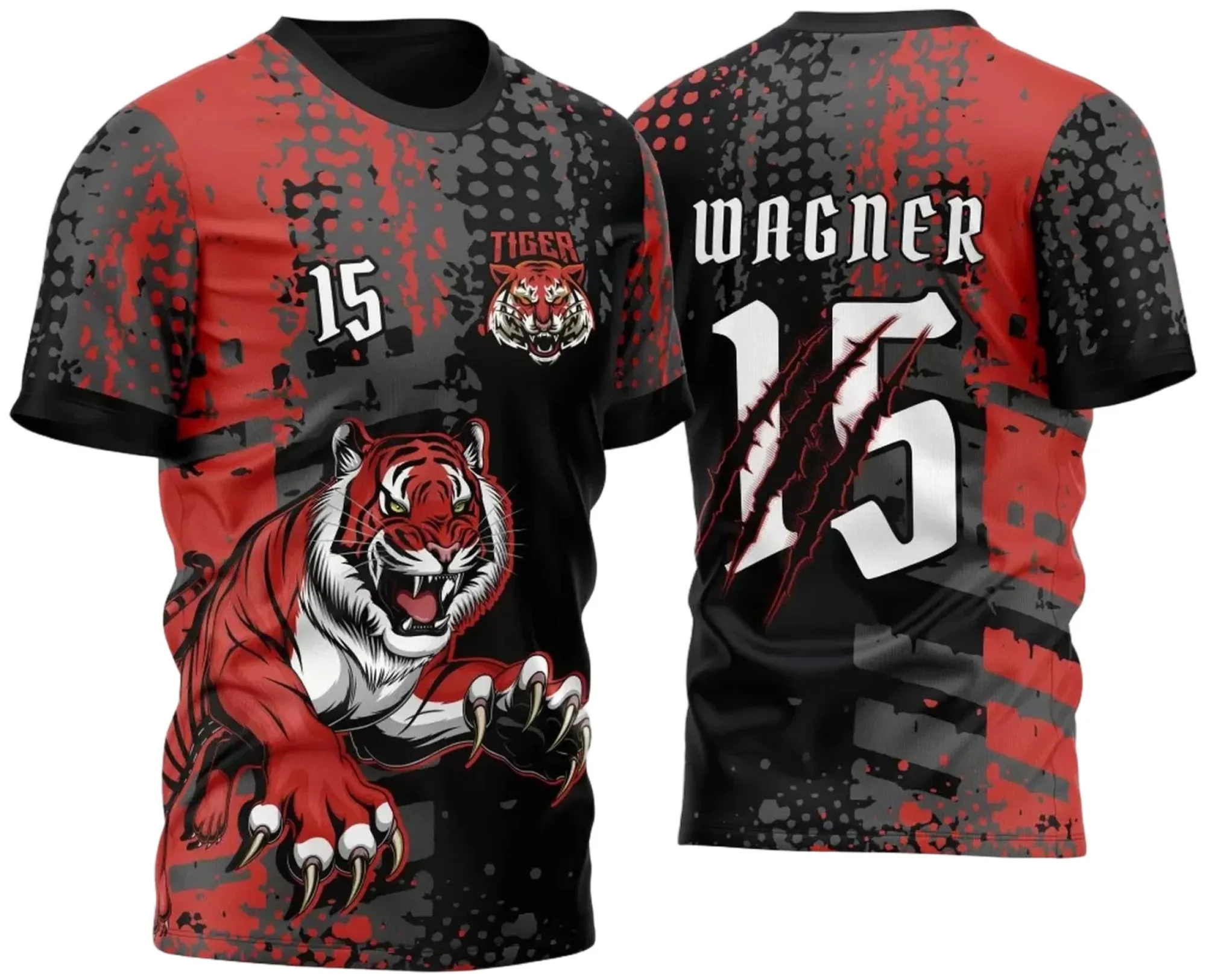 Camiseta unissex vermelha com logo no peito e estampa grande nas costas do time InterClasse Tigres 2025, perfeita para torcer com estilo e conforto.