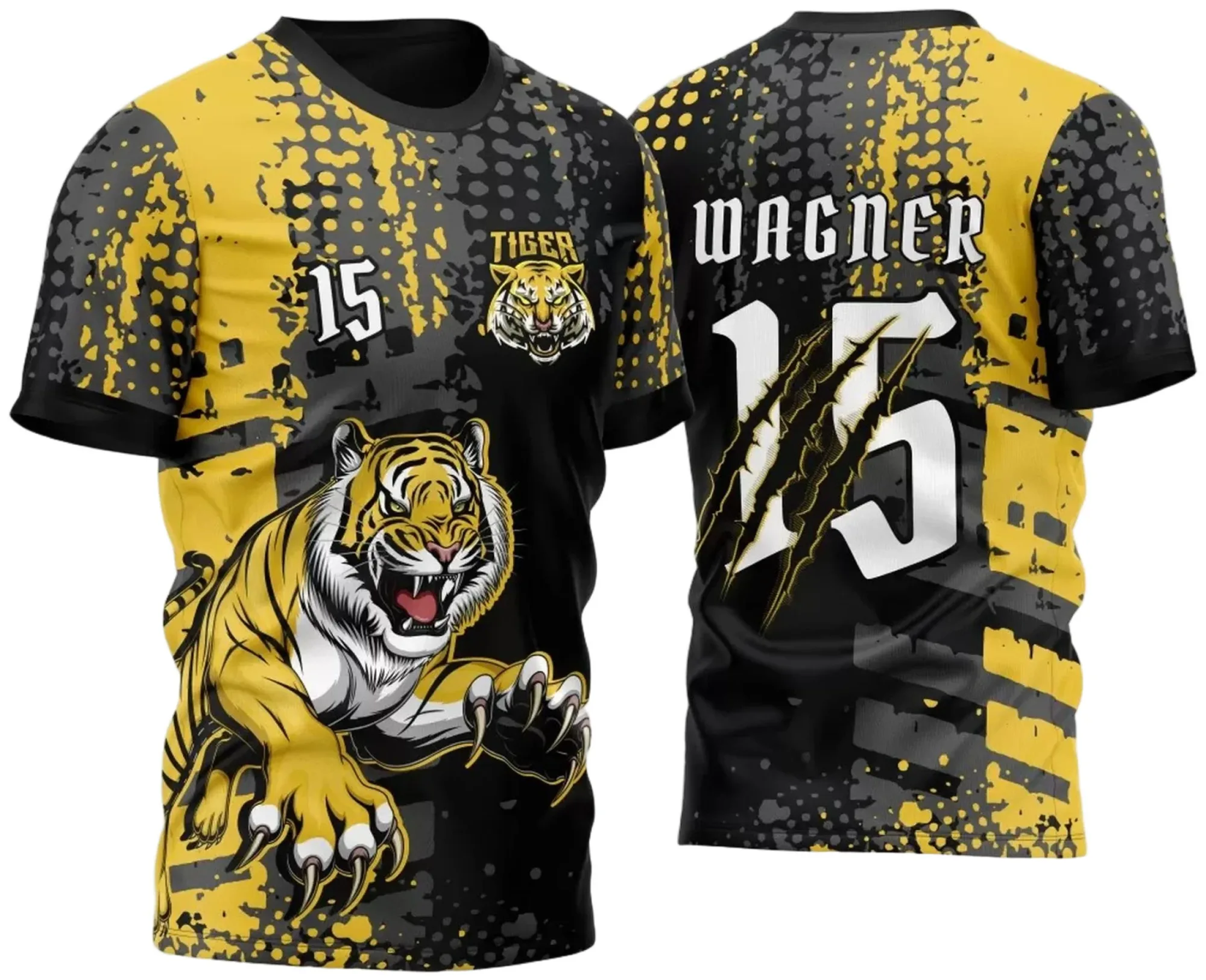 Camiseta unissex preta com logo no peito e estampa grande nas costas, temática InterClasse Tigres 2025 Modelo 2, perfeita para torcedores e eventos esportivos.