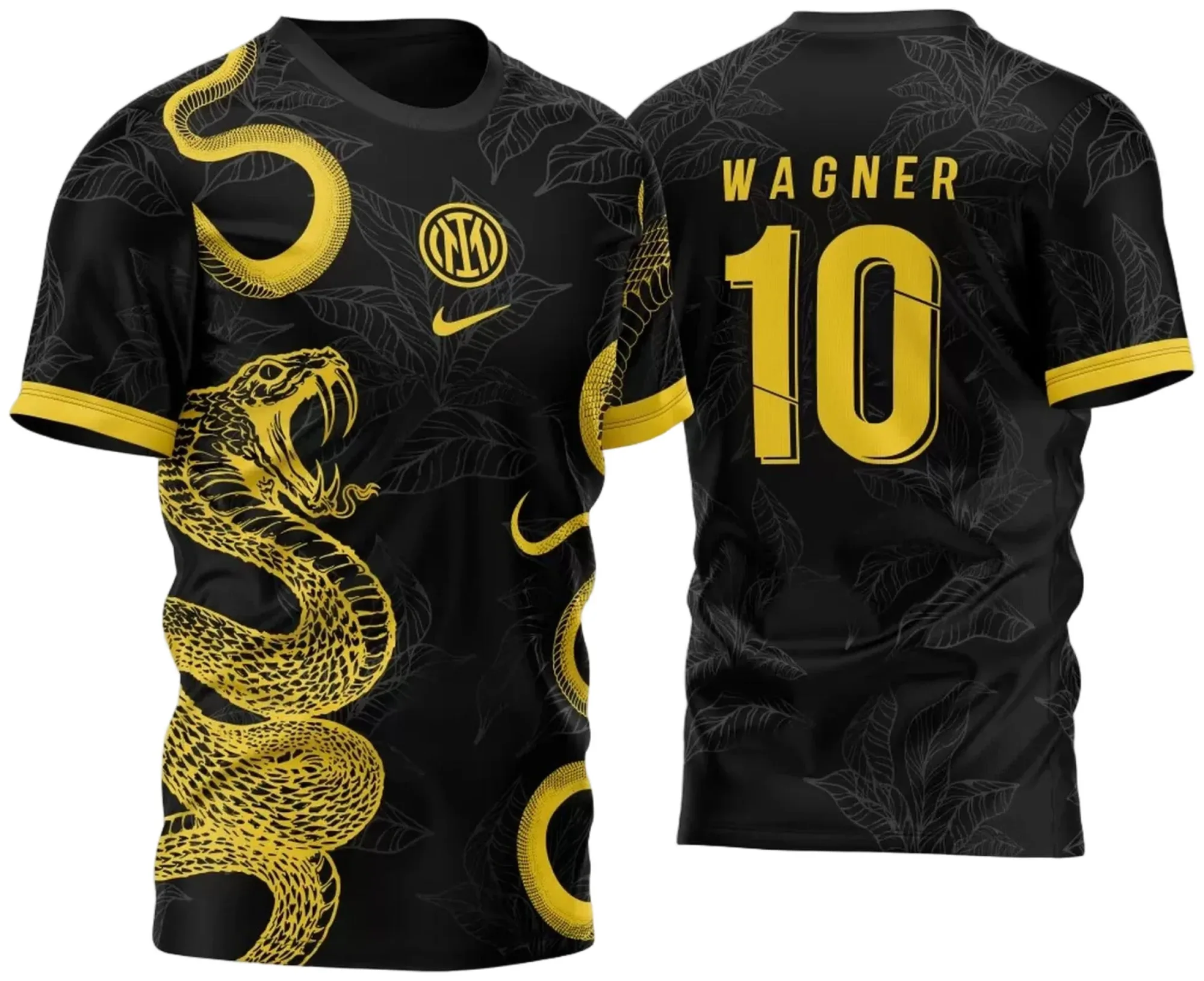 Camiseta unissex preta com logo no peito e estampa grande nas costas mostrando serpentes duplas em design Inter Milan 2023 amarelo vibrante.