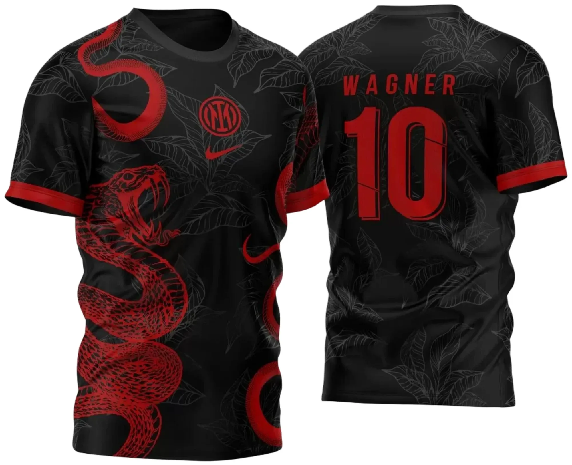 Camiseta unissex preta com logo no peito e estampa grande nas costas representando serpentes duplas do Inter Milan 2023 em vermelho, ideal para fãs do time.