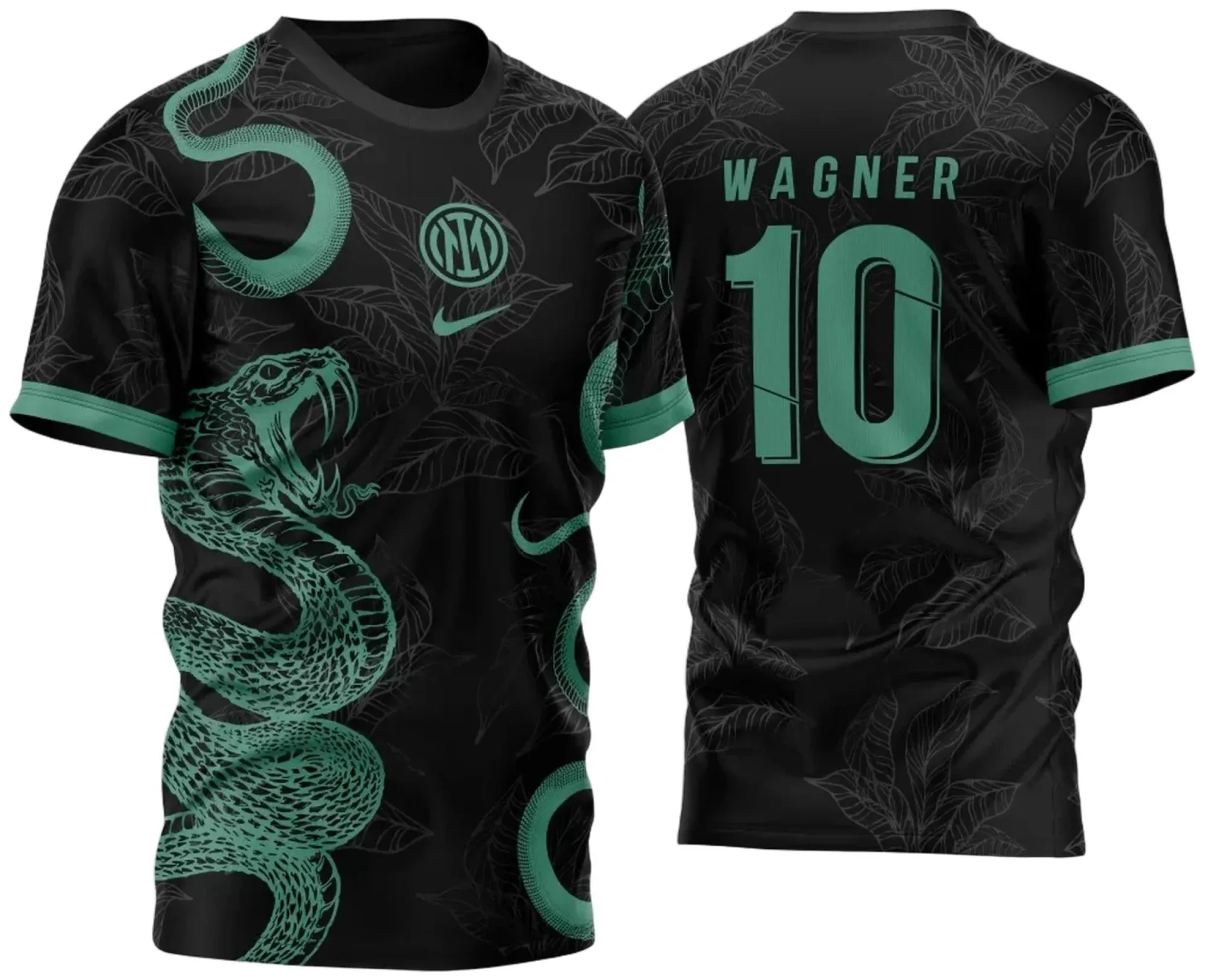 Camiseta unissex verde com logo no peito e estampa grande nas costas do Inter Milan 2023 inspirado nas serpentes, ideal para fãs do futebol e estilo moderno.
