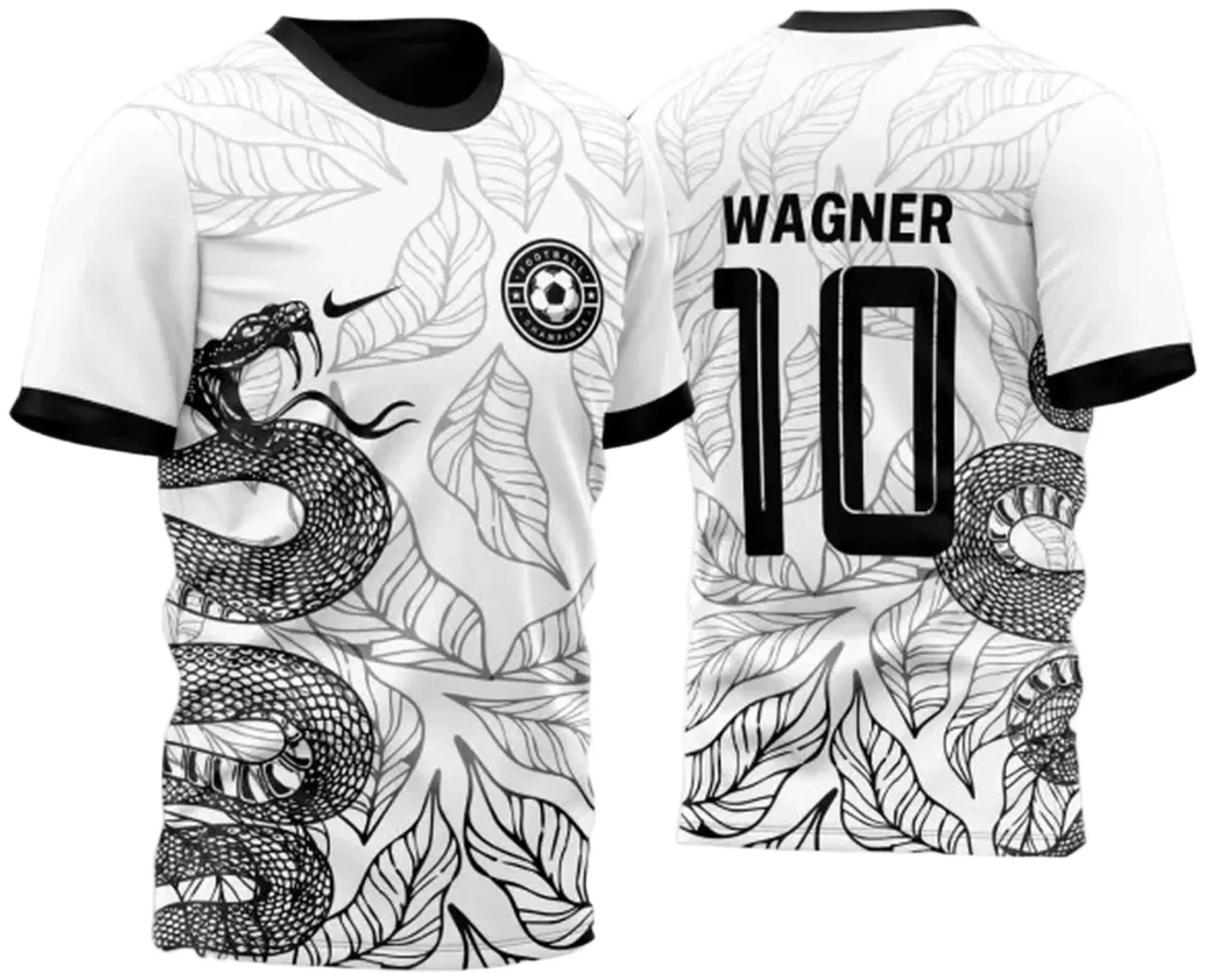 Camiseta unissex preta com logo no peito e estampa grande nas costas com design de cobra atacando entre folhas, ideal para quem gosta de estilo marcante e temas naturais.