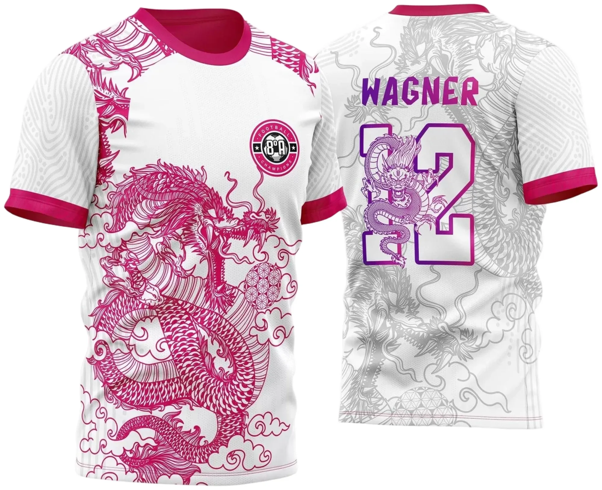 Camiseta unissex branca com logo no peito e estampa grande nas costas mostrando um dragão rosa vibrante em tema InterClasse 2023, perfeita para estilo moderno e descolado
