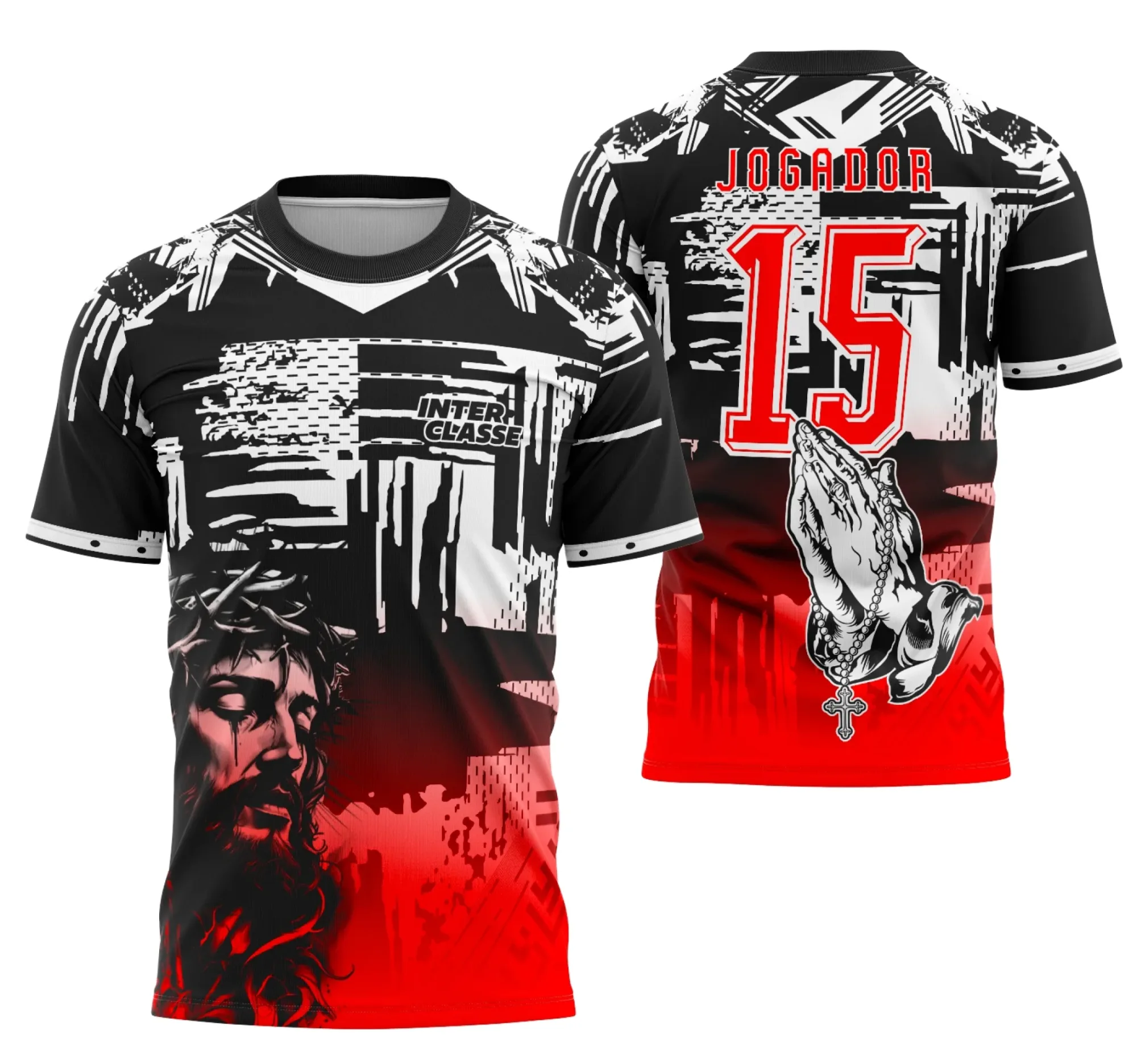 Camiseta unissex preta com logo no peito e estampa grande nas costas com tema de futebol e Jesus Cristo, perfeita para eventos e confraternizações.