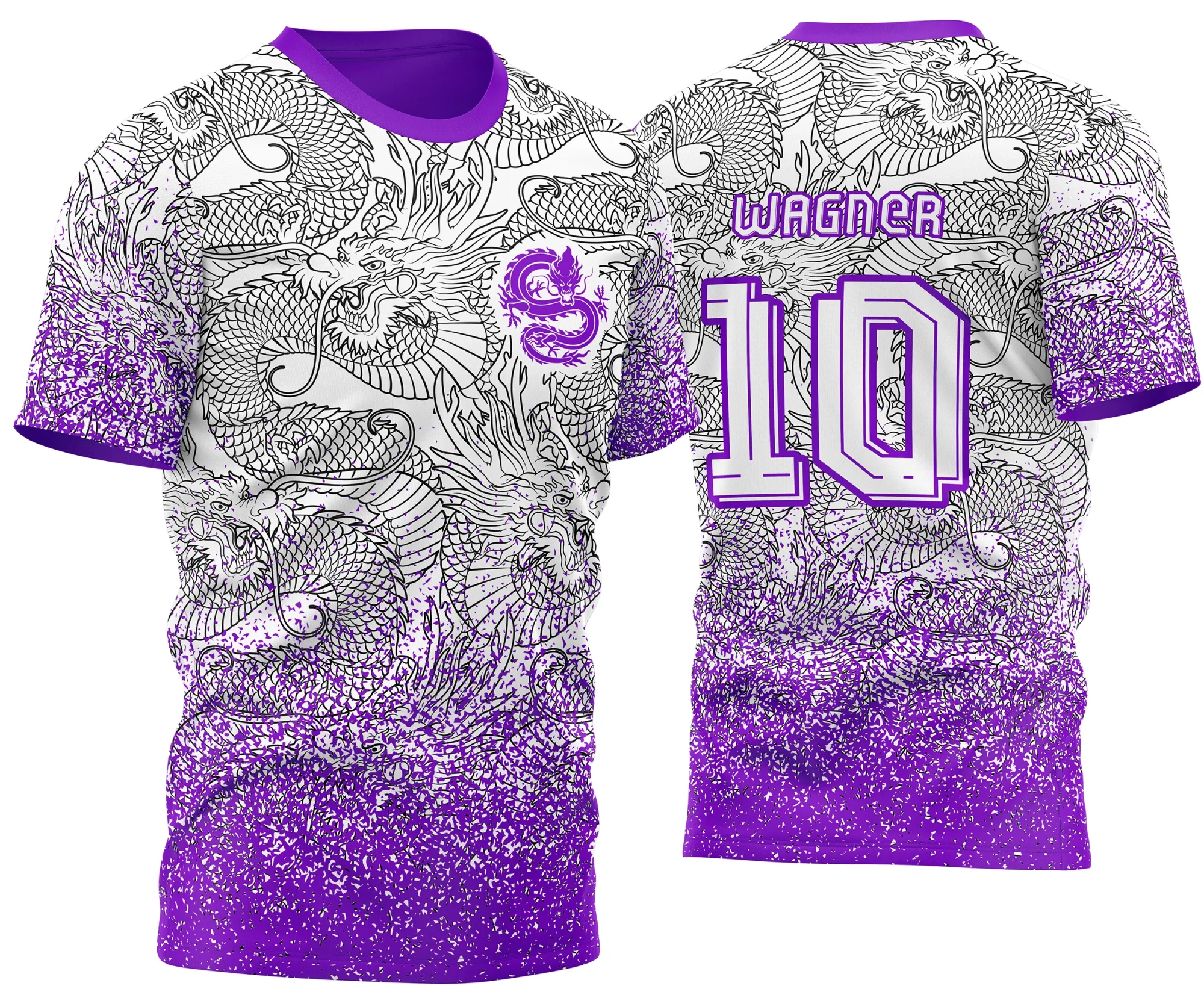Camiseta unissex preta com logo no peito e estampa grande nas costas, tema InterClasse Dragão com padrão em fundo roxo, estilo marcante e moderno.