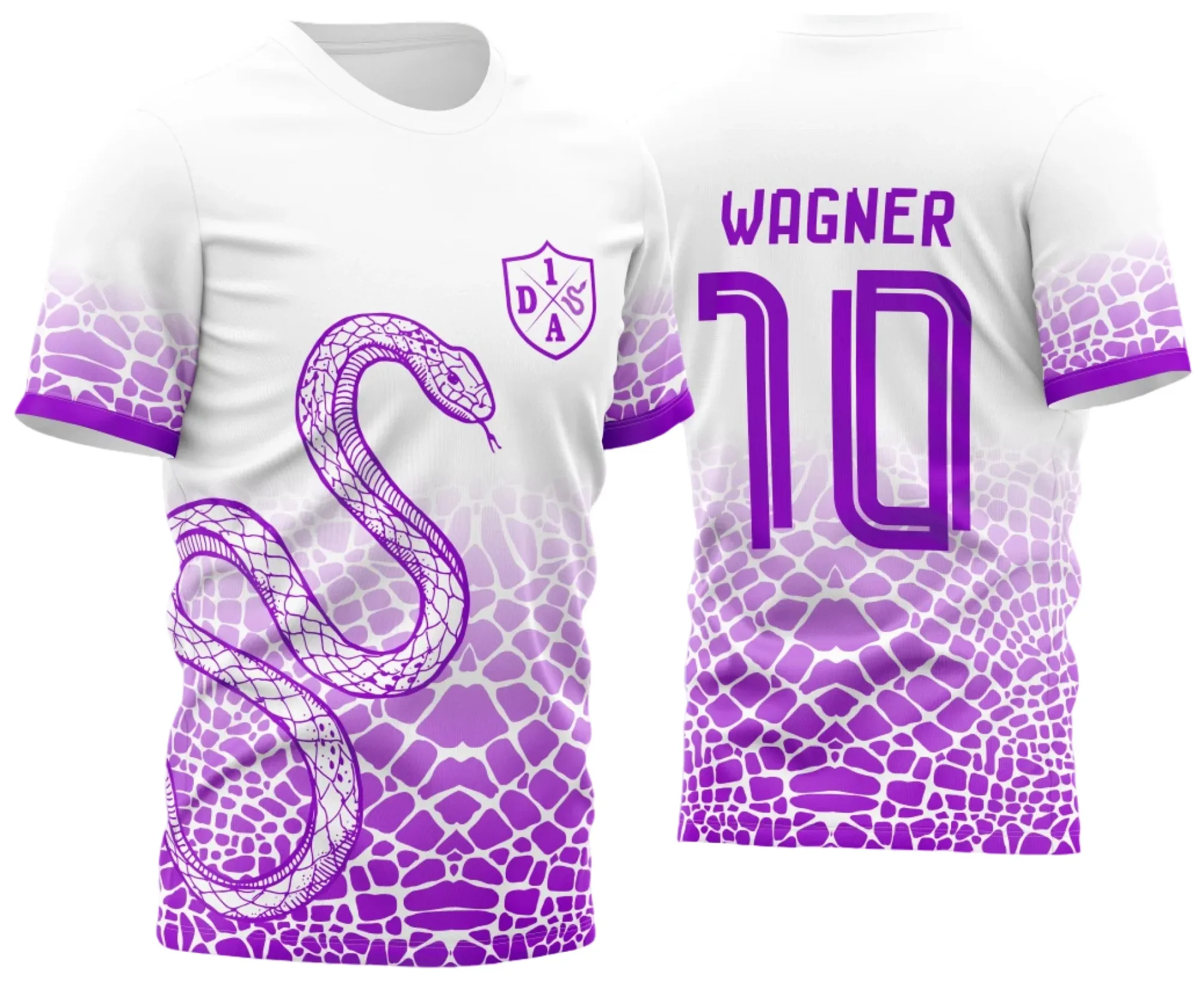 Camiseta unissex branca com logo no peito e estampa grande nas costas de cobra do time de futebol InterClasse em roxo, estilo moderno e esportivo