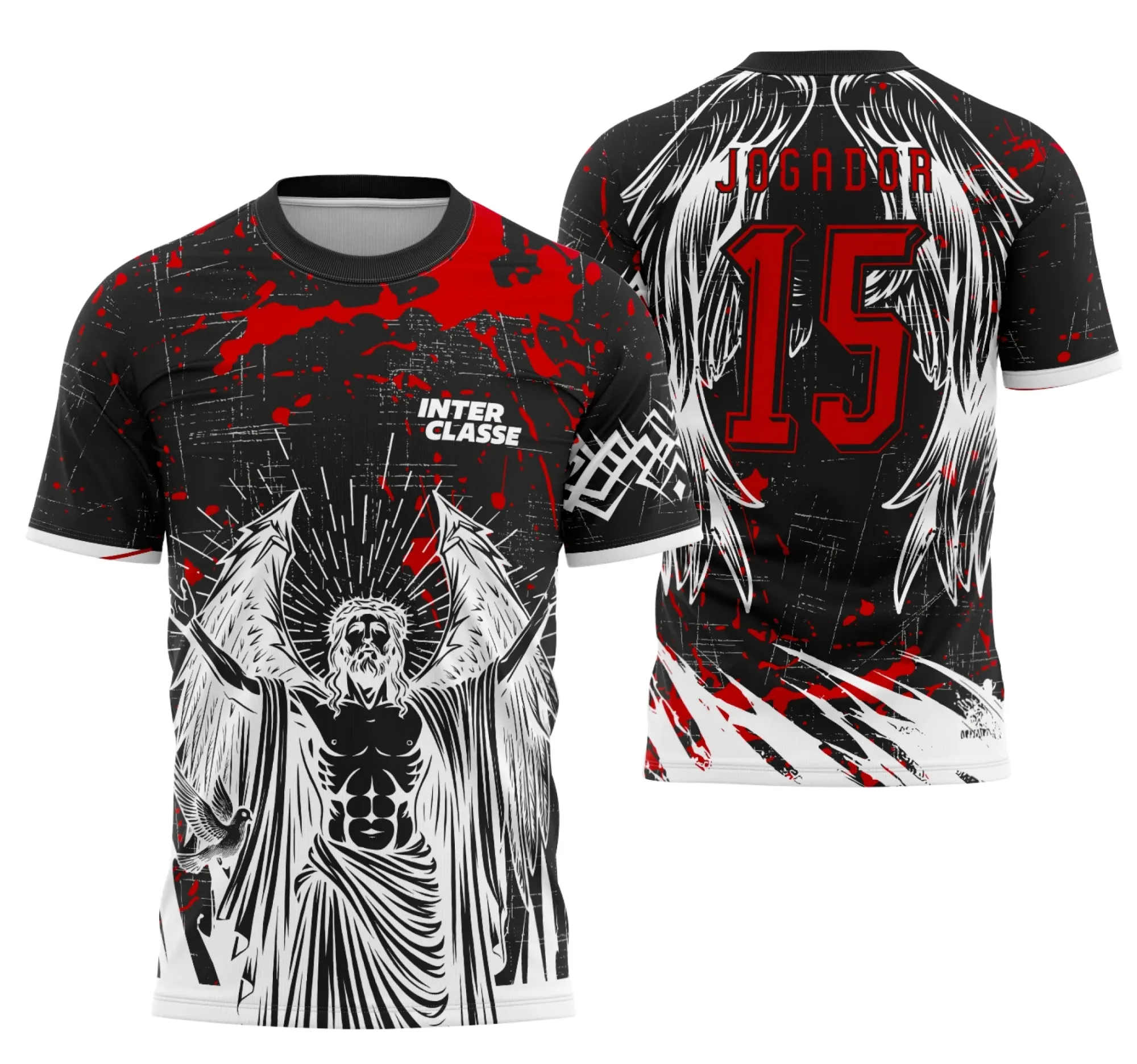 Camiseta unissex preta com logo no peito e estampa grande nas costas mostrando tema de Jesus Cristo em contexto de futebol, ideal para eventos e encontros interclasse.