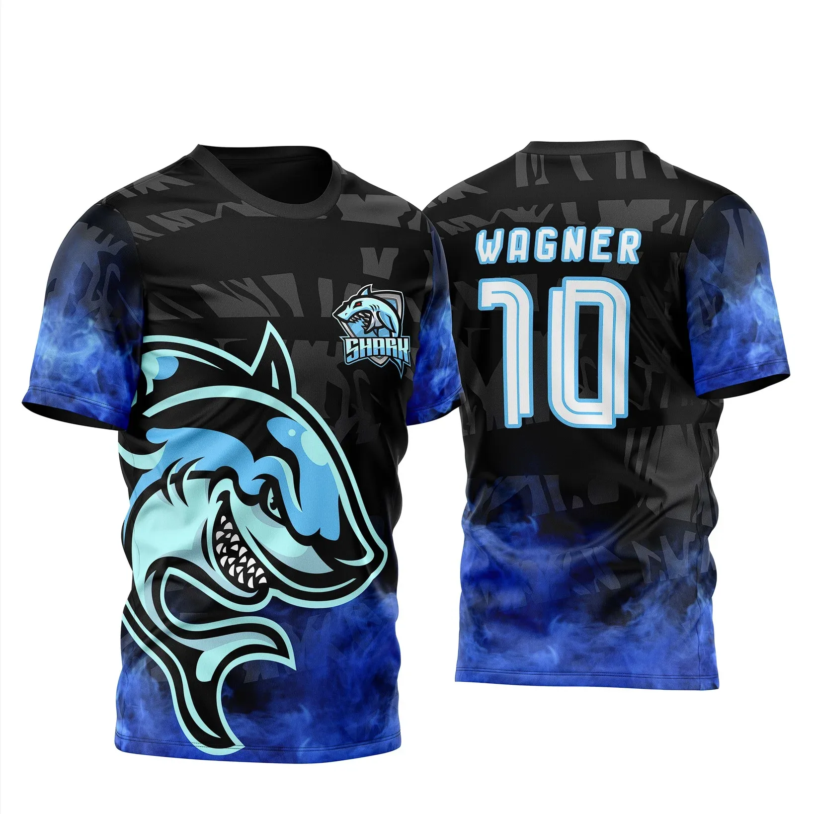 Camiseta unissex na cor branca com logo no peito e estampa grande nas costas de tubarão do InterClasse Shark 2023, design moderno e vibrante.