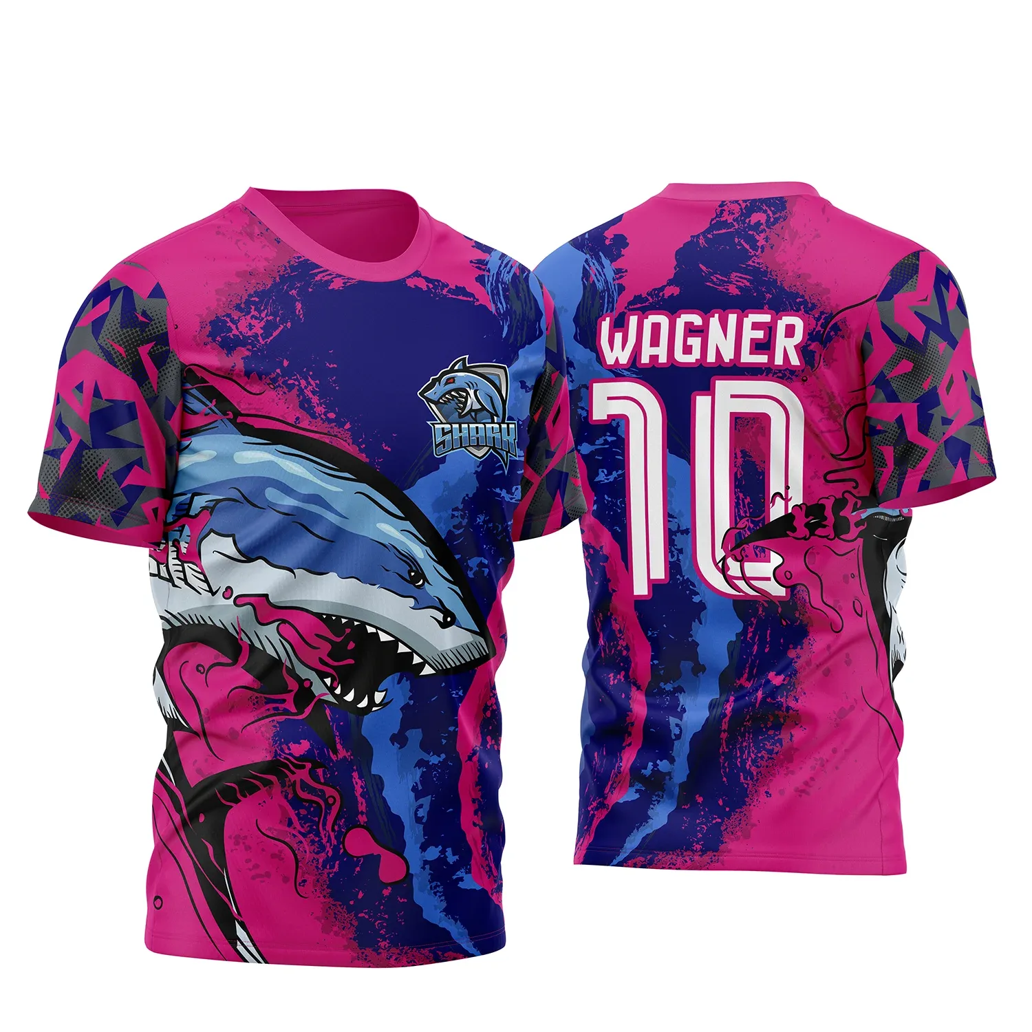 Camiseta unissex preta com logo no peito e estampa grande nas costas do InterClasse Shark Tubarão 2023 na cor rosa vibrante e design moderno.
