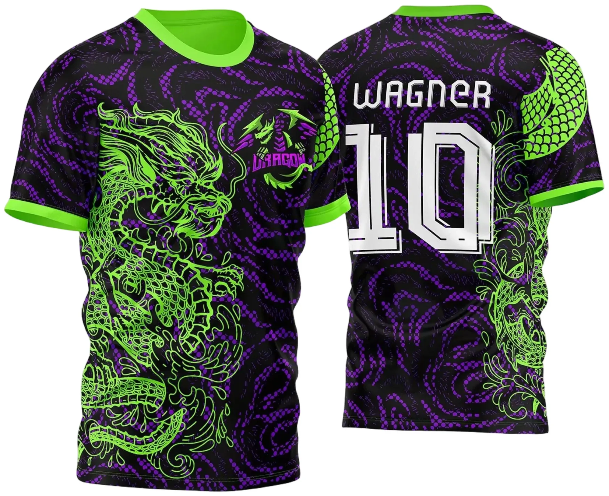 Camiseta unissex preta com logo no peito e estampa grande nas costas com tema de dragão verde e roxo, destacando um estilo marcante e moderno para fãs do InterClasse 2023.