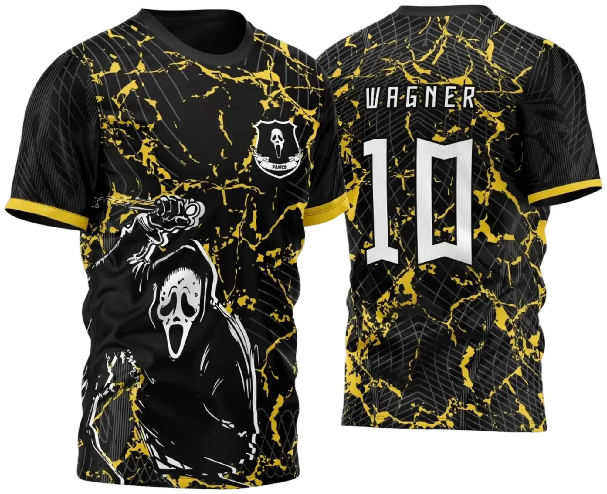 Foto de camiseta unissex preta com logo no peito e estampa grande nas costas da InterClasse Pânico 2023 modelo 2, ideal para eventos escolares ou confraternizações.