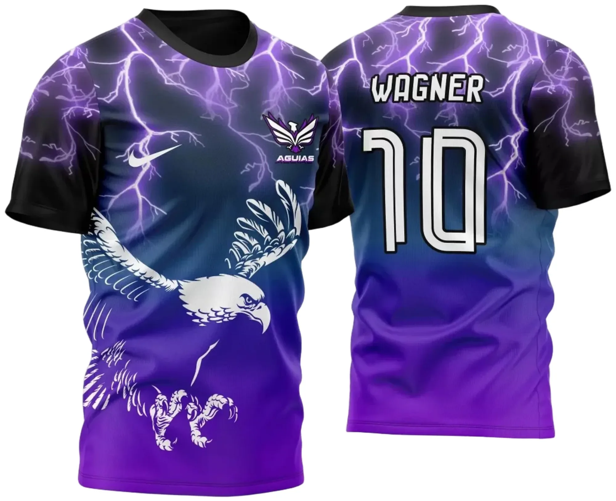 Camiseta unissex preta com logo no peito e estampa grande nas costas mostrando um degrade com águia estilizada, ideal para fãs de design marcante e temas de força e liberdade.