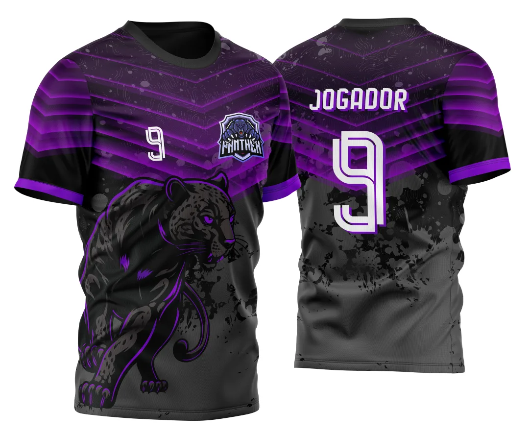 Camiseta unissex roxa com logo no peito e estampa grande nas costas do Pantera Negra InterClasse 2023, estilo moderno, ideal para fãs e eventos temáticos.