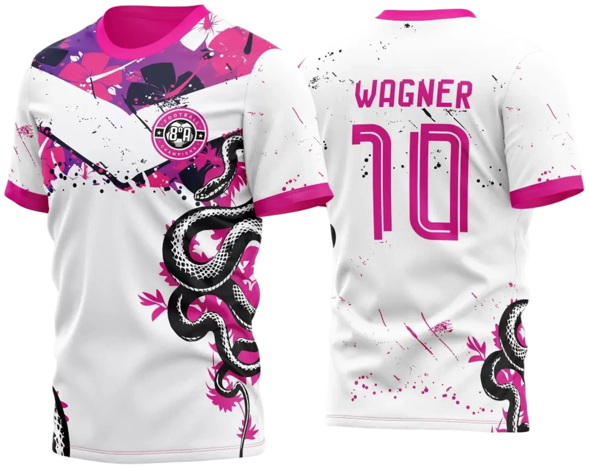 Camiseta unissex preta com logo no peito e estampa grande nas costas mostrando florais e cobra, estilo jovem e moderno para fãs do InterClasse 2023.