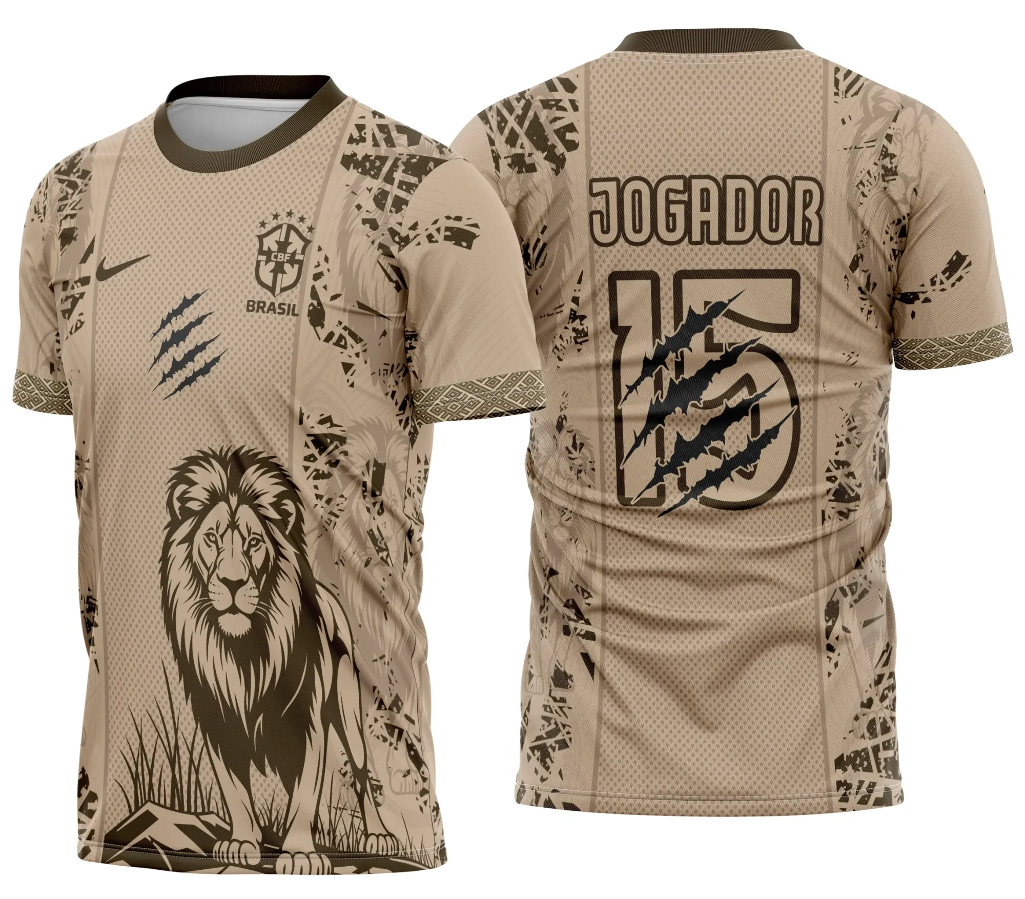 Camiseta unissex bege com logo no peito e estampa grande nas costas do Leão Brasil Interclasse, perfeita para quem busca estilo e conforto.