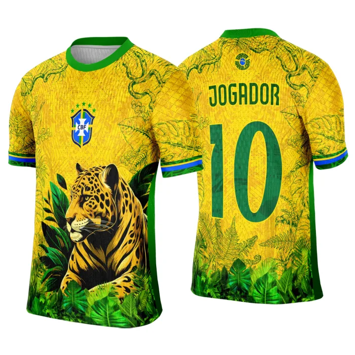 Camiseta unissex preta com logo no peito e estampa grande nas costas com tema Interclasse Brasil Onça, ideal para eventos e uso casual.