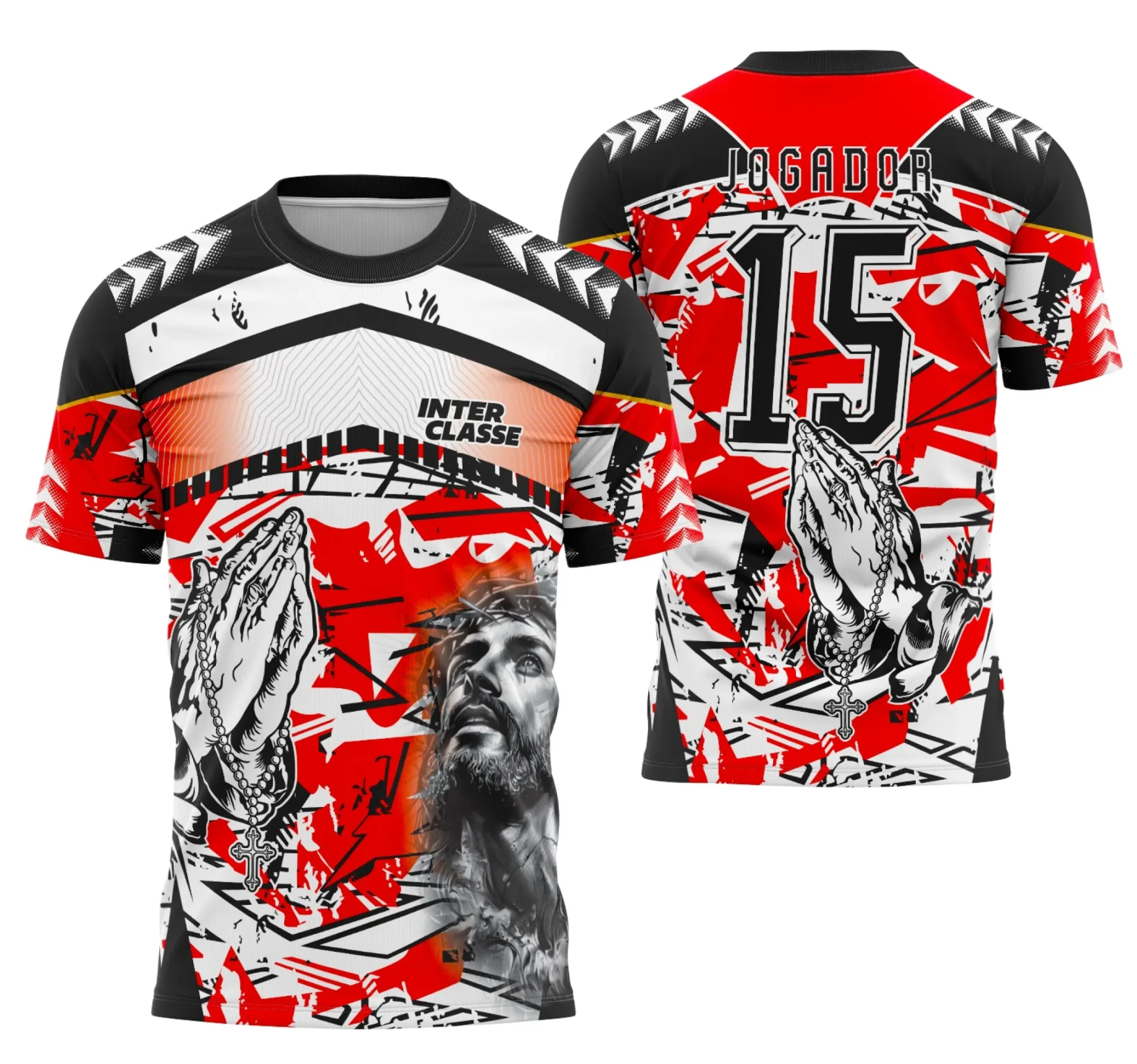 Camiseta preta unissex com logo no peito e estampa grande nas costas, tema Camisa Interclasse Futebol Jesus Cristo modelo 9, design moderno e impactante para fãs do futebol e cultura religiosa.
