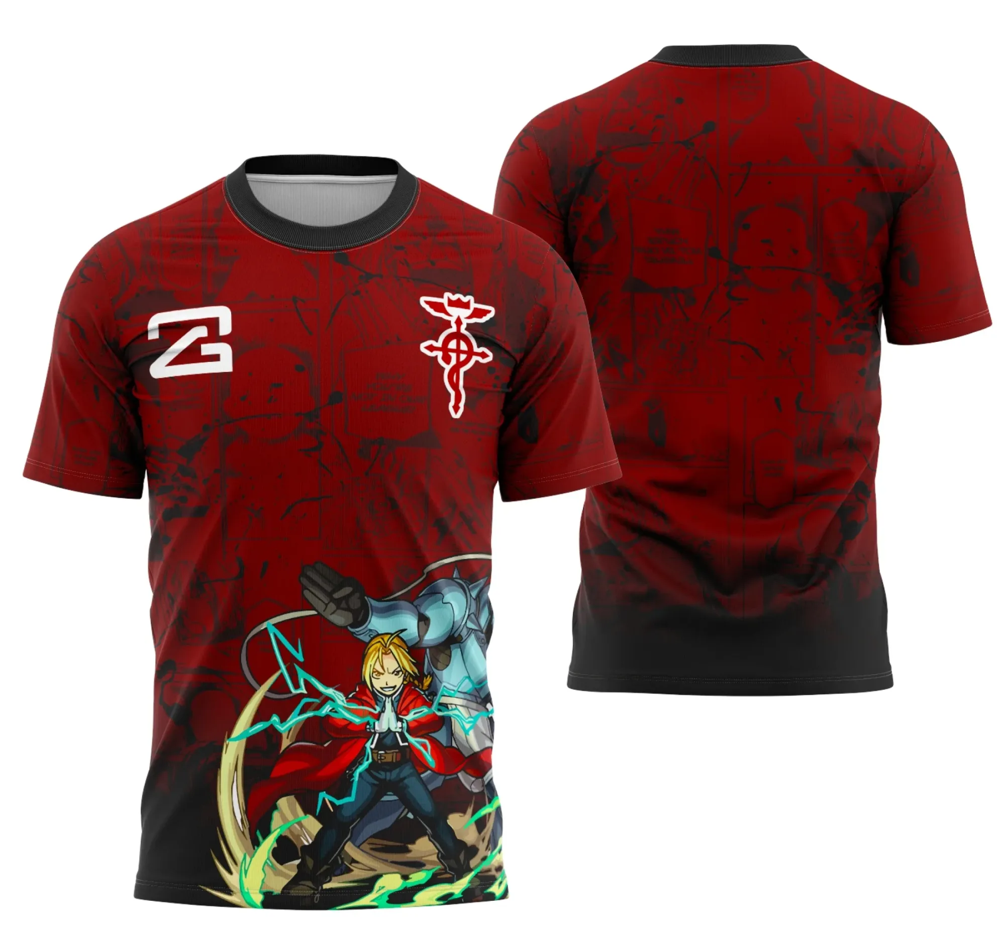 Camiseta preta unissex com logo no peito frente e estampa grande nas costas temática Interclasse Alquimista Full Metal, design marcante e estiloso, perfeita para fãs da série.