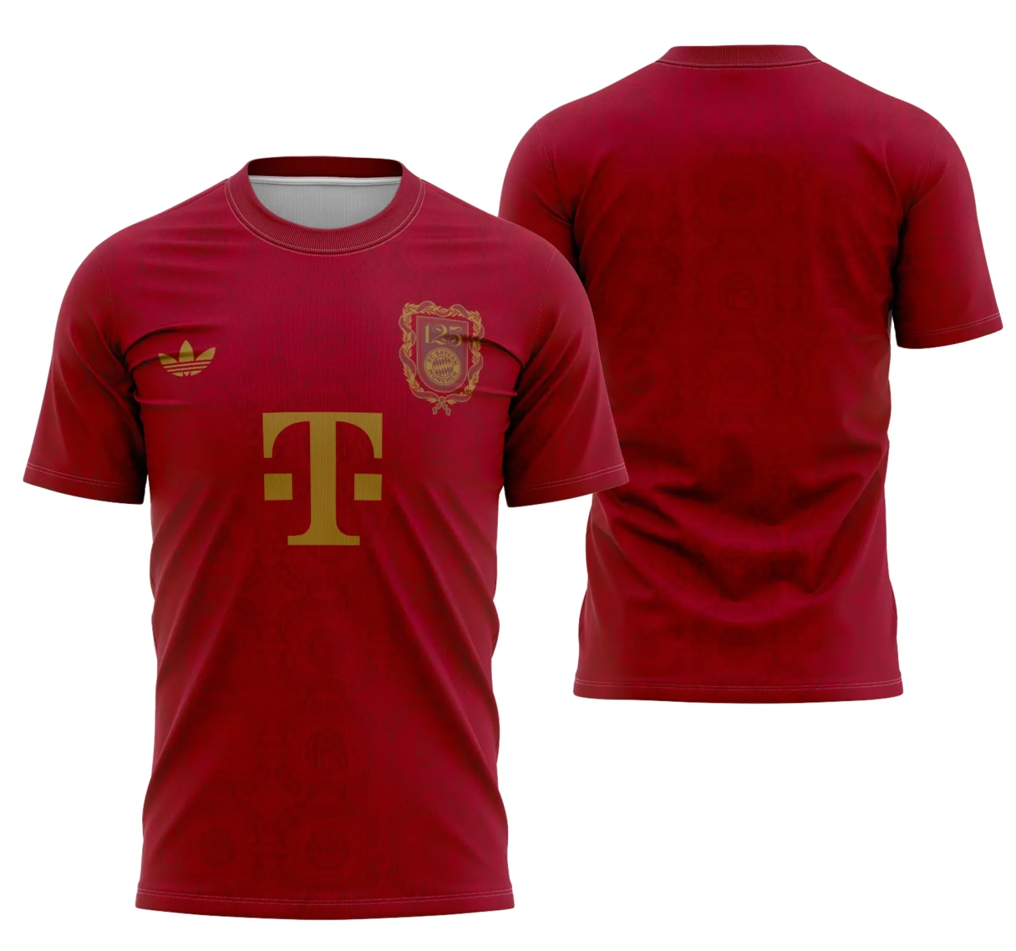 Camiseta unissex preta com logo no peito e estampa grande nas costas celebrando o aniversário do Bayern de Munique 24-25, ideal para torcedores que buscam estilo e conforto.