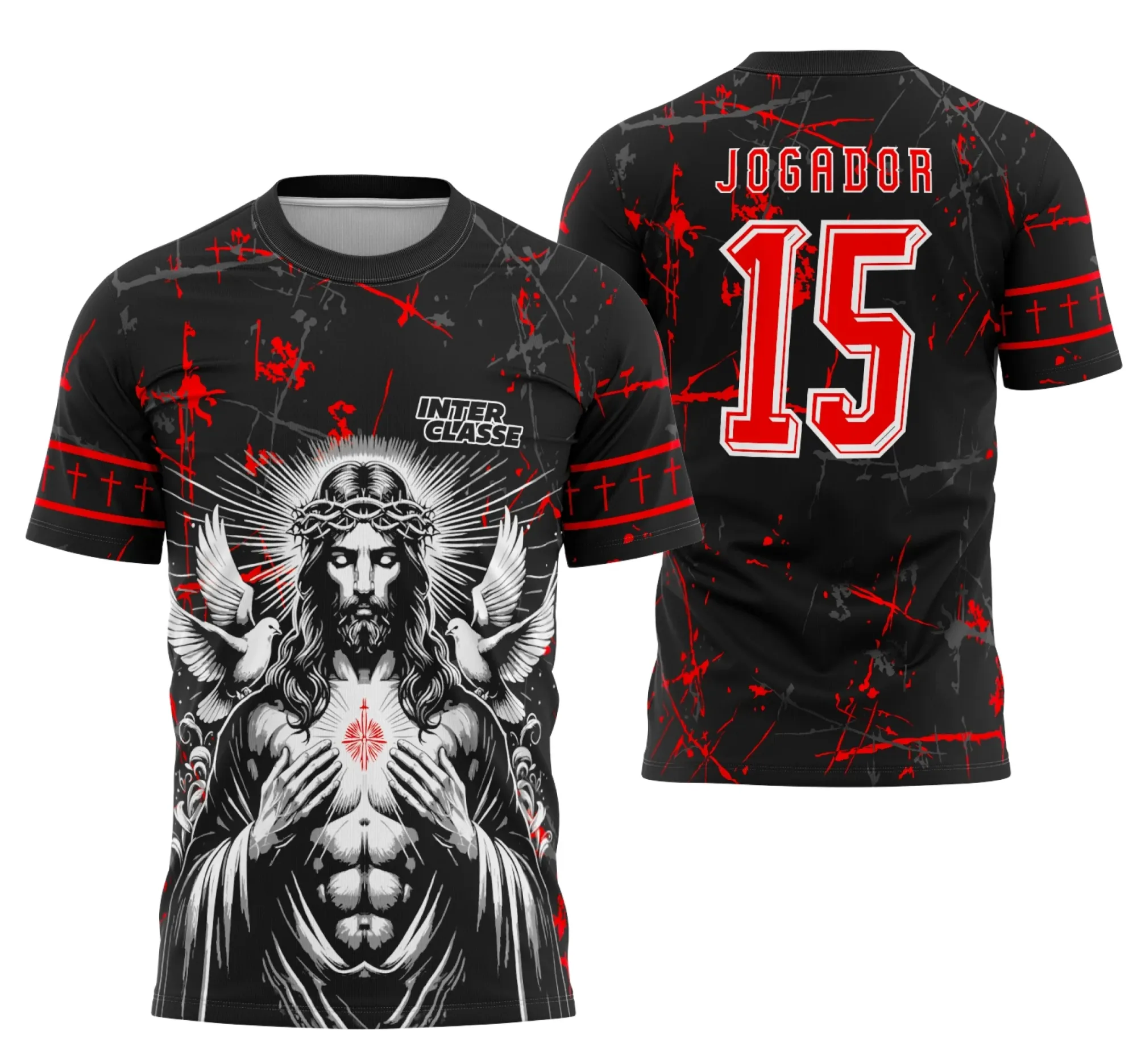 Camiseta unissex preta com logo no peito e estampa grande nas costas representando Jesus Cristo jogador de futebol, estilo interclasse, modelo 10, ideal para fãs e eventos religiosos esportivos.