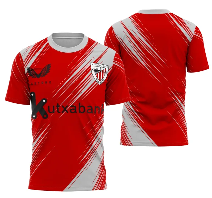 Camiseta unissex preta com logo no peito e estampa grande nas costas do Interclasse Atlético De Bilbao, mostrando design moderno e vibrante para fãs do time.