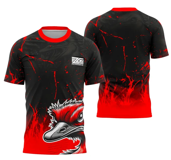 Camiseta unissex preta com logo no peito e estampa grande nas costas representando o tema Interclasse Avestruz, perfeita para eventos e uso casual.