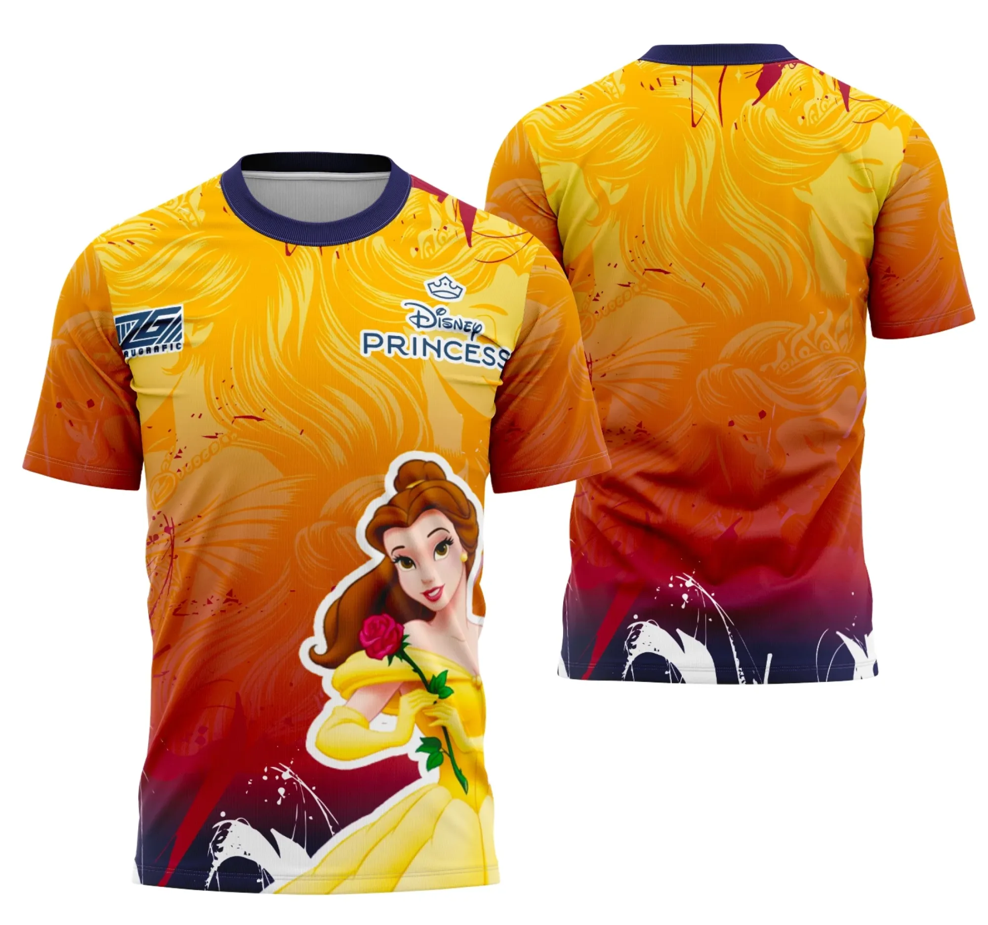 Camiseta unissex branca com logo no peito e estampa grande nas costas inspirada na série Bella da Disney, perfeita para fãs e eventos escolares.