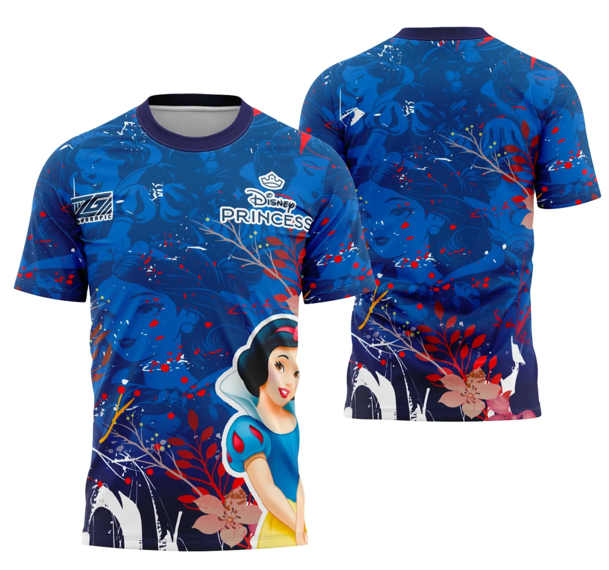 Camiseta unissex branca com logo no peito e estampa grande nas costas com tema Branca De Neve da Série Disney, perfeita para fãs e eventos escolares.