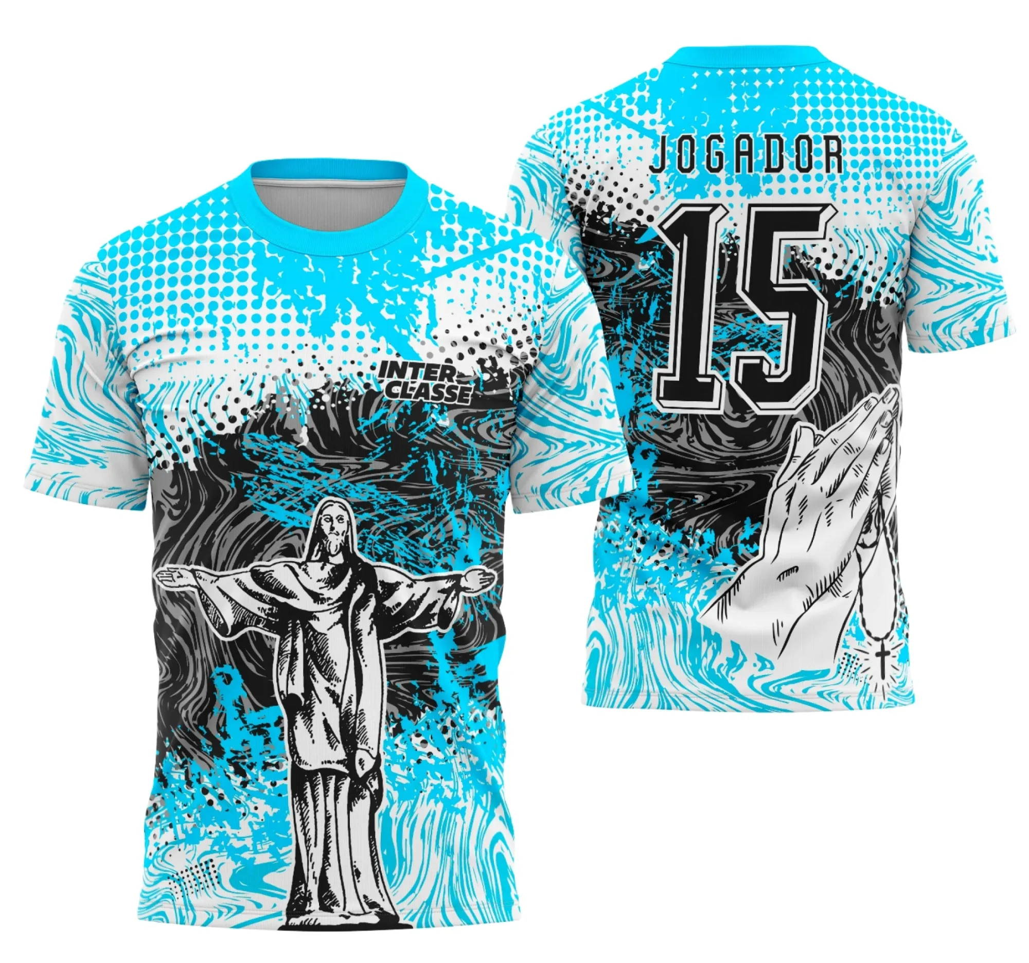Camiseta unissex branca com logo no peito e estampa grande nas costas, tema futebol Jesus Cristo modelo 12, design moderno e visual marcante.