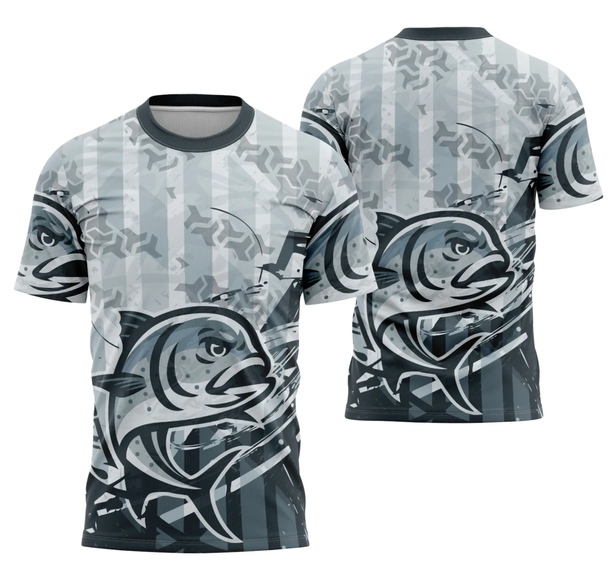 Camiseta unissex preta com logo no peito e estampa grande nas costas focada em pesca, perfeita para amantes do estilo outdoor e eventos de interclasse.