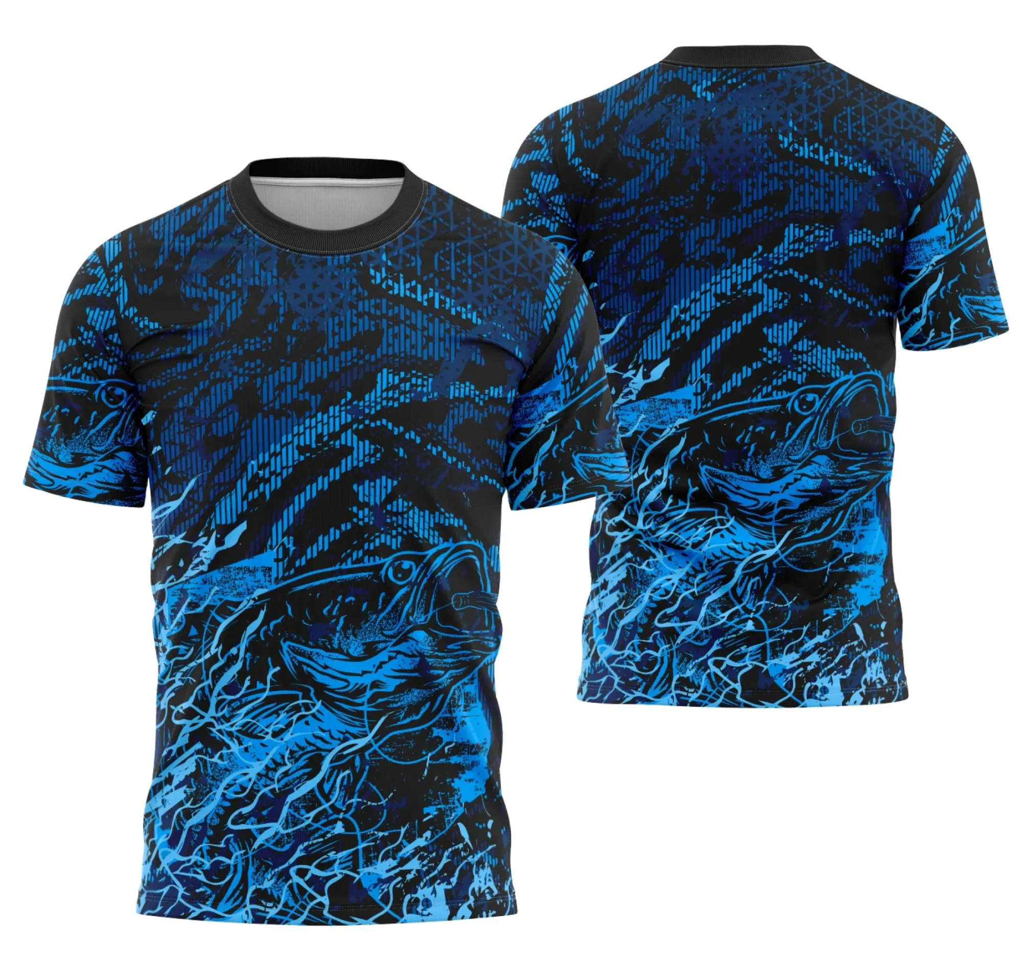 Camiseta unissex preta com logo no peito e estampa grande nas costas, tema pesca e interclasse, ideal para momentos de lazer e aventura na água.