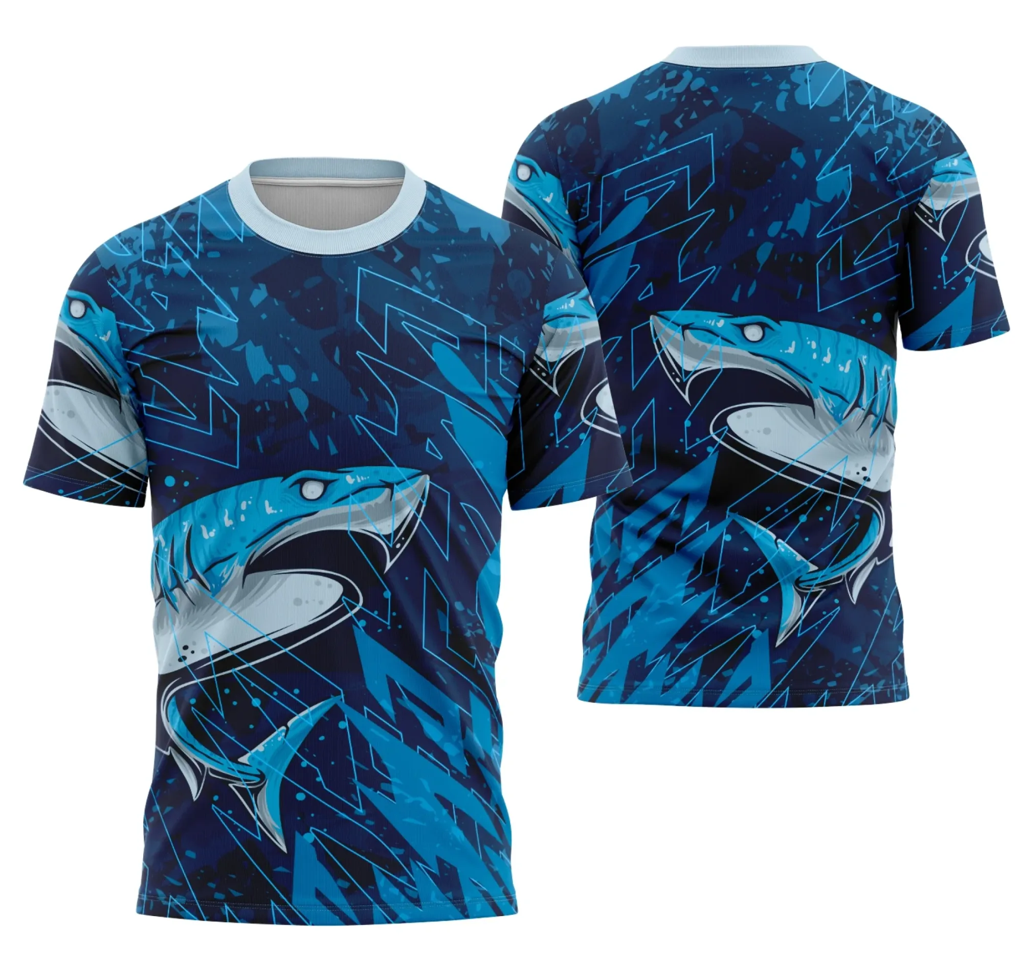 Camiseta unissex preta com logo no peito e estampa grande nas costas, temática de pesca, ideal para eventos interclasse e amantes do esporte.