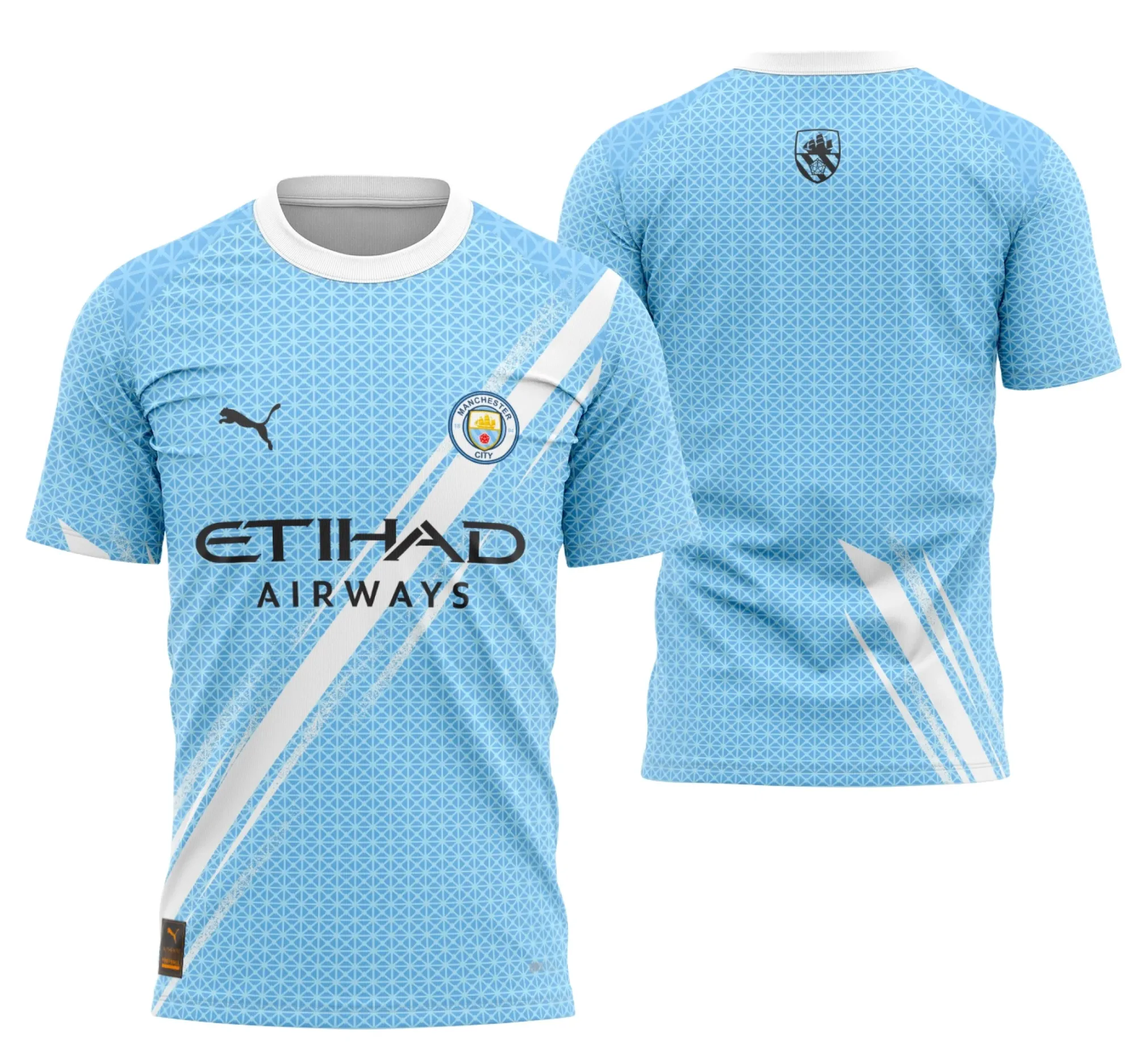 Camisa unissex preta com logo no peito e estampa grande nas costas, inspirada na Casa do Manchester City 25-26, estilo moderno e vibrante para fãs do futebol.