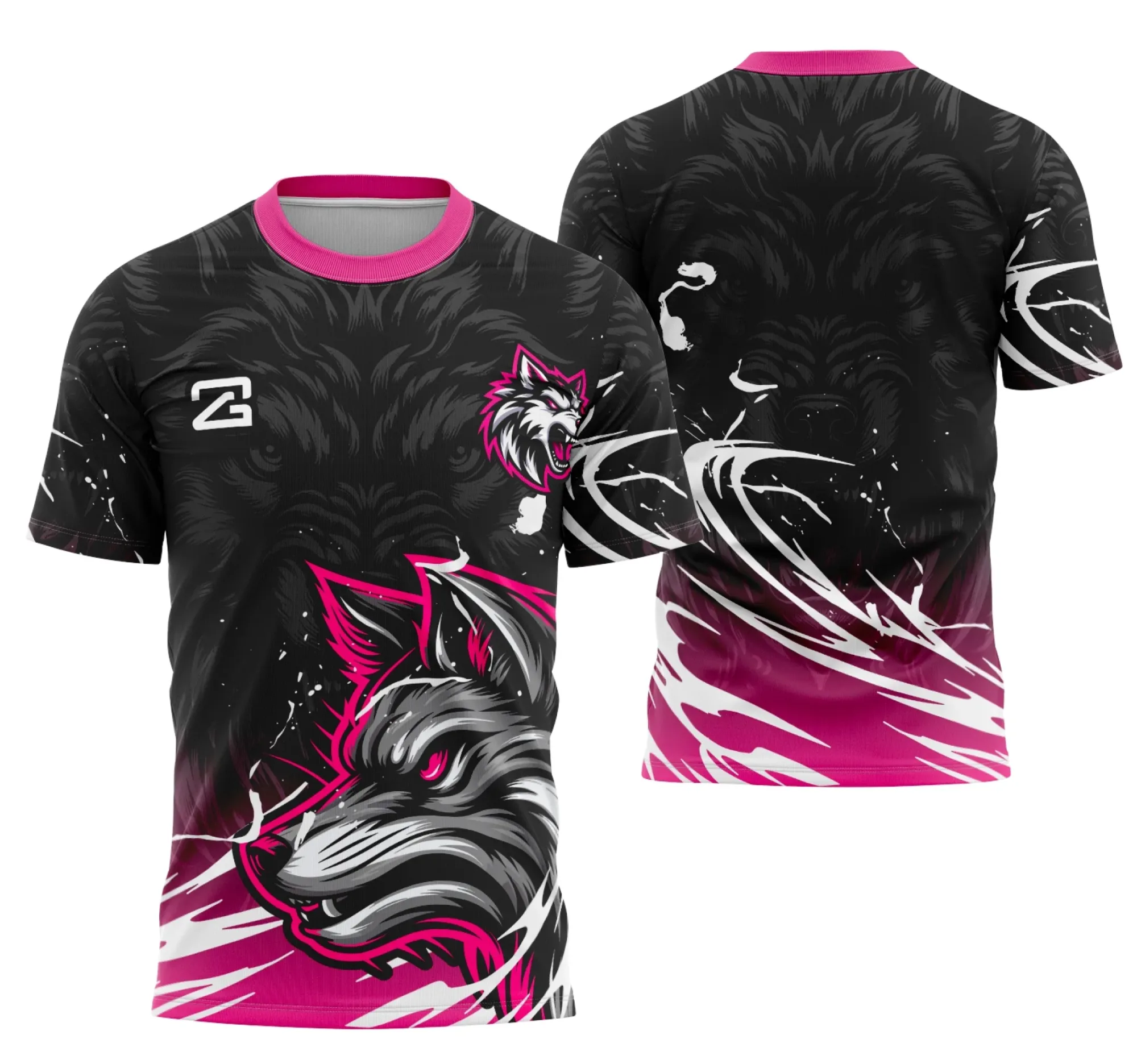 Camiseta unissex preta com logo no peito e estampa grande nas costas com tema Interclasse Coleção Wolf, destacando força e união entre times em visual moderno.