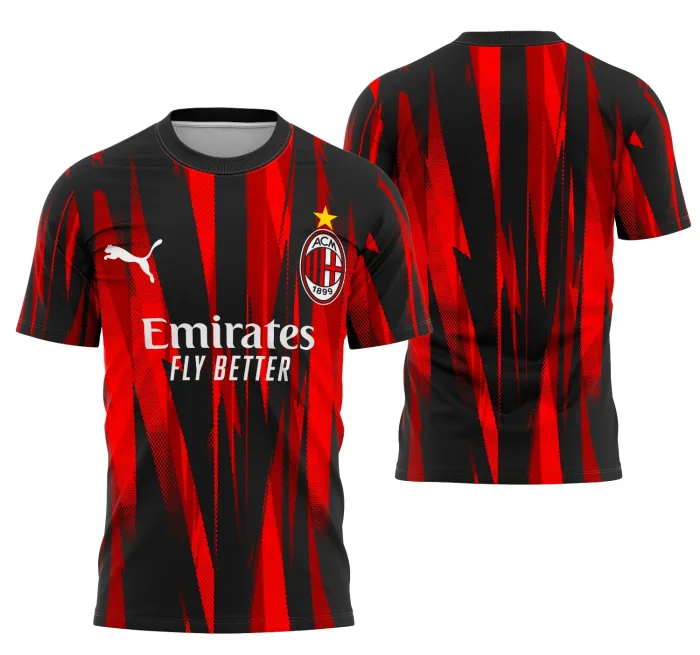 Camiseta unissex preta com logo no peito e estampa grande nas costas do Interclasse Conceito Ac Milan 2025, mostrando estilo moderno e esportivo.