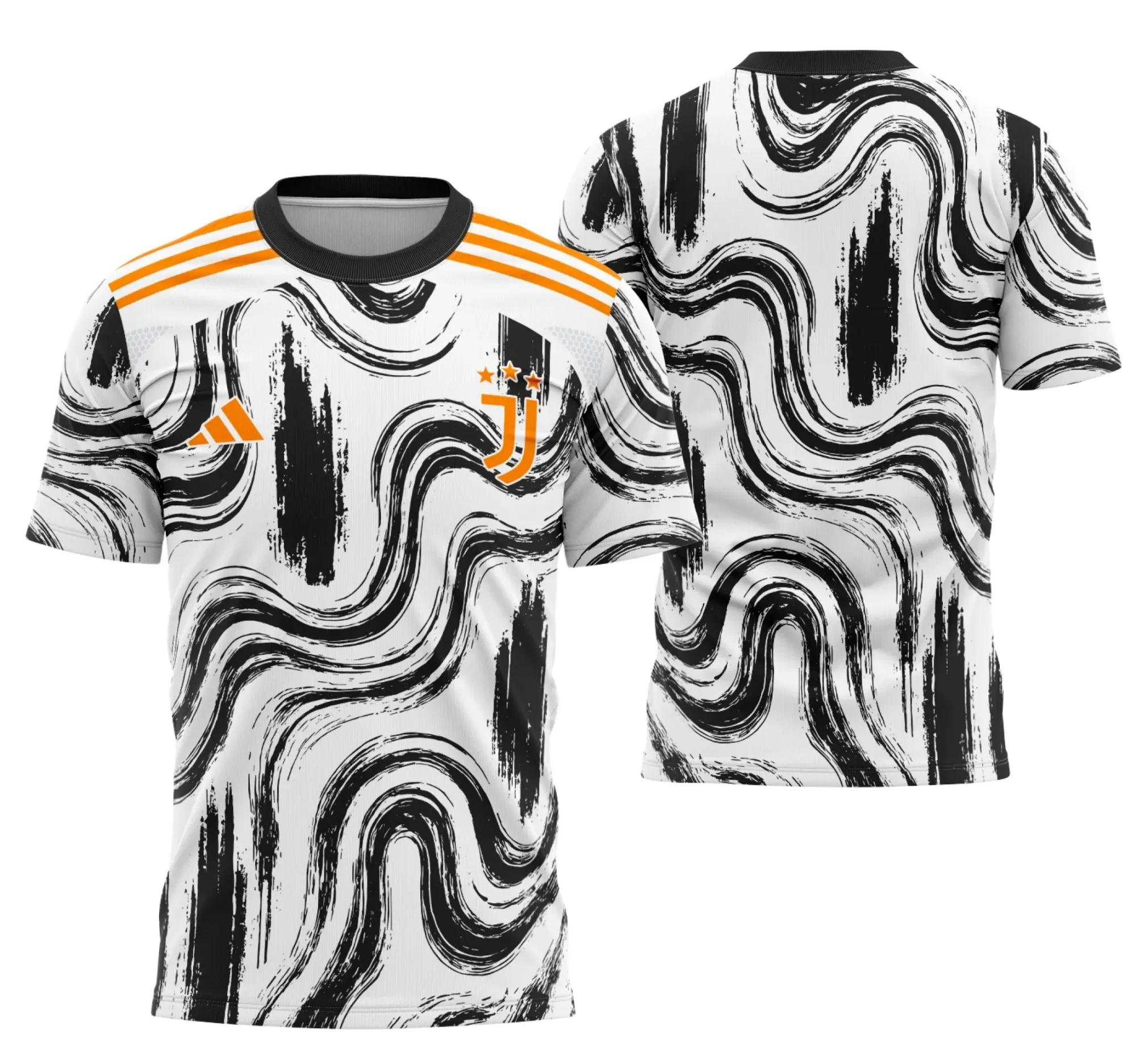 Camiseta preta unissex com logo no peito e estampa grande nas costas representando o conceito da Juventus, ideal para uso casual e eventos esportivos.