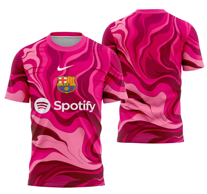 Camiseta unissex preta com logo no peito e estampa grande nas costas do conceito de goleiro do Barcelona, ideal para eventos escolares e interclasses.