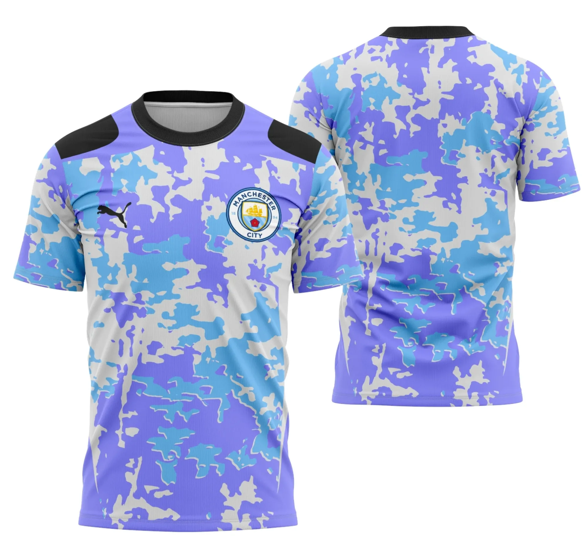 Camiseta unissex preta com logo no peito e estampa grande nas costas com tema Interclasse Conceito de Manchester City, estilo moderno e vibrante.