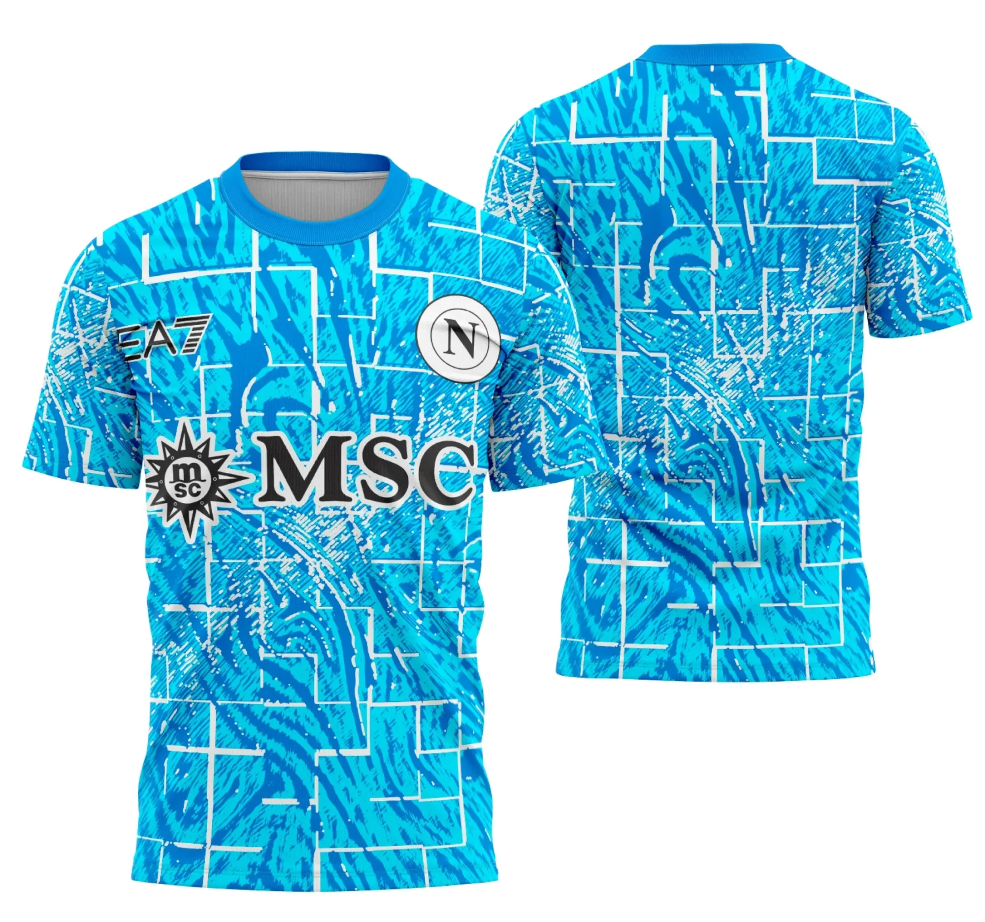 Camiseta unissex branca com logo no peito e estampa grande nas costas inspirada no Interclasse Conceito De Nápoles, destaque para design moderno e elegante