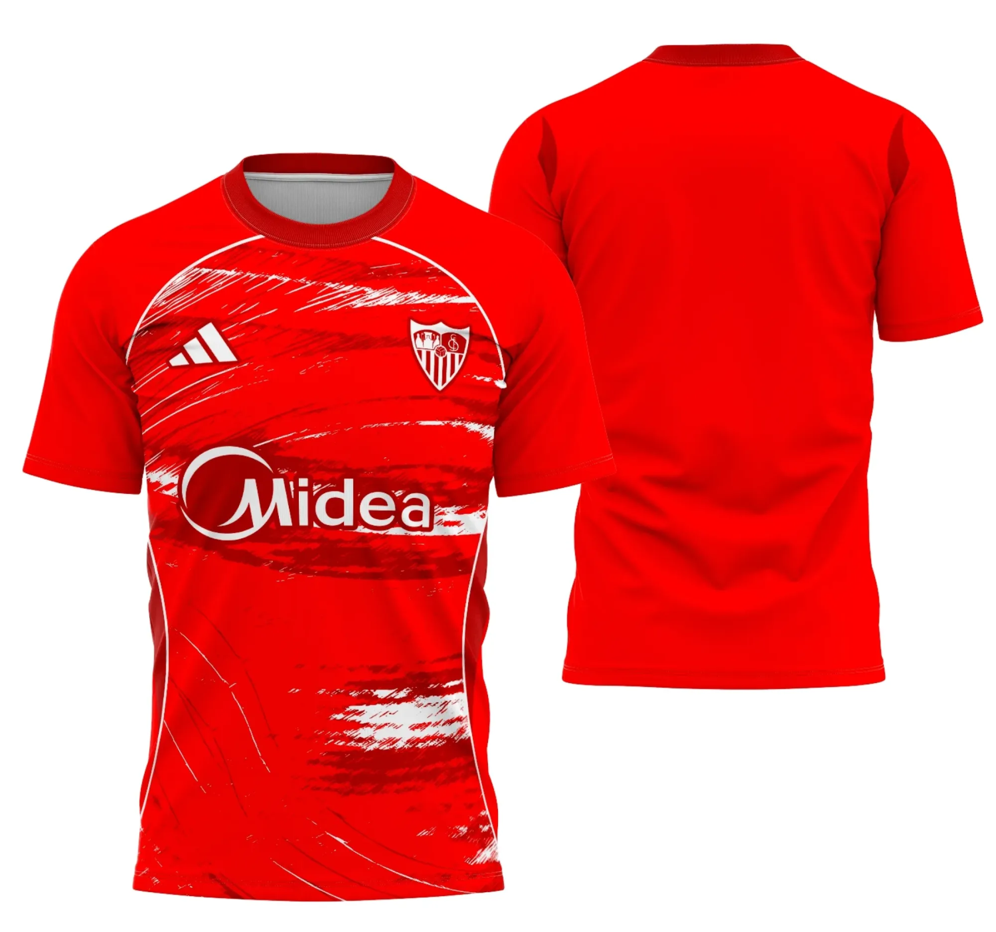 Camiseta unissex branca com logo no peito e estampa grande nas costas mostrando o conceito de Sevilha, estilo urbano e moderno, perfeita para quem busca identidade única em eventos interclasse.