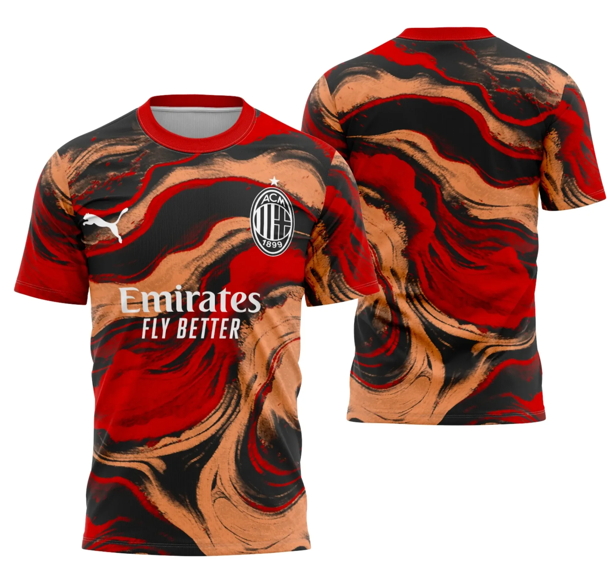 Camiseta unissex preta com logo no peito e estampa grande nas costas sobre o conceito do Ac Milão, design moderno e estiloso, perfeita para fãs do futebol e estilo urbano.