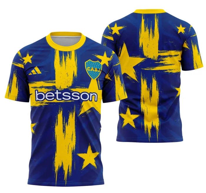 Camiseta unissex preta com logo no peito e estampa grande nas costas inspirada no conceito do Boca Juniors, mostrando estilo marcante e orgulho esportivo.
