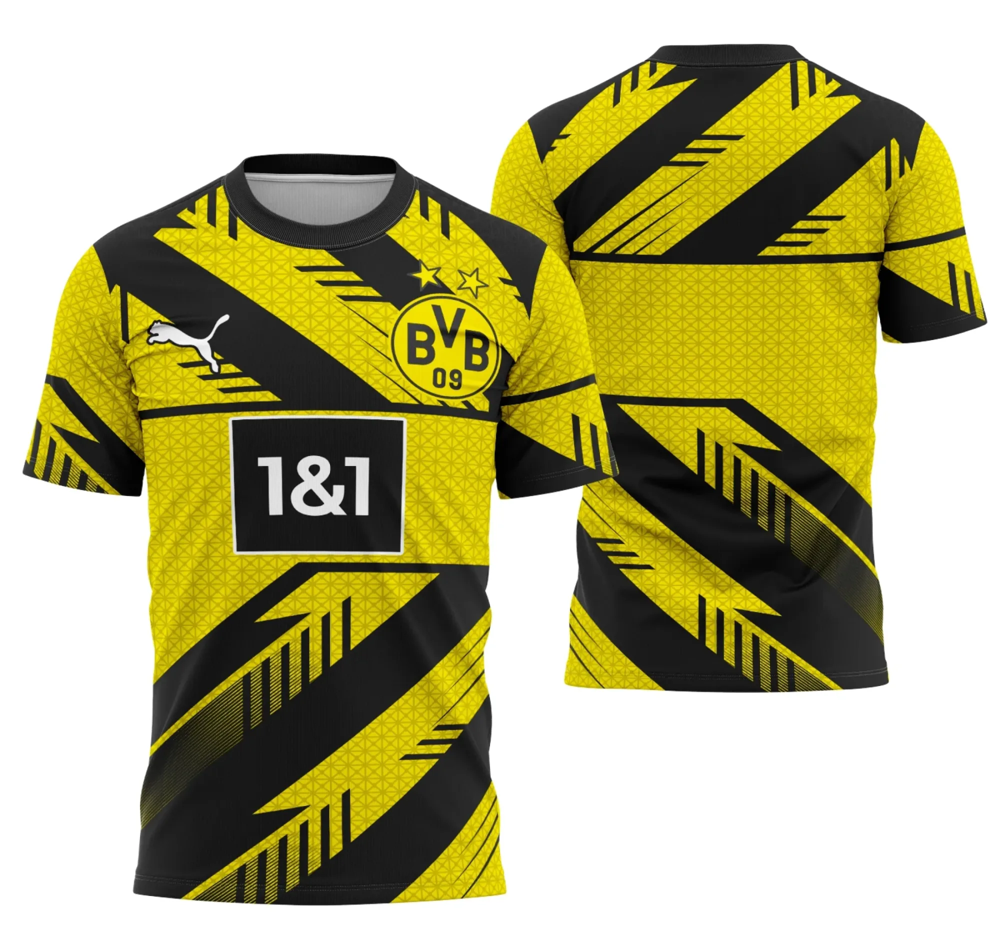 Camiseta unissex preta com logo no peito e estampa grande nas costas do Borussia Dortmund 2025, inspirada no conceito interclasse, estilo moderno e casual para fãs do time.