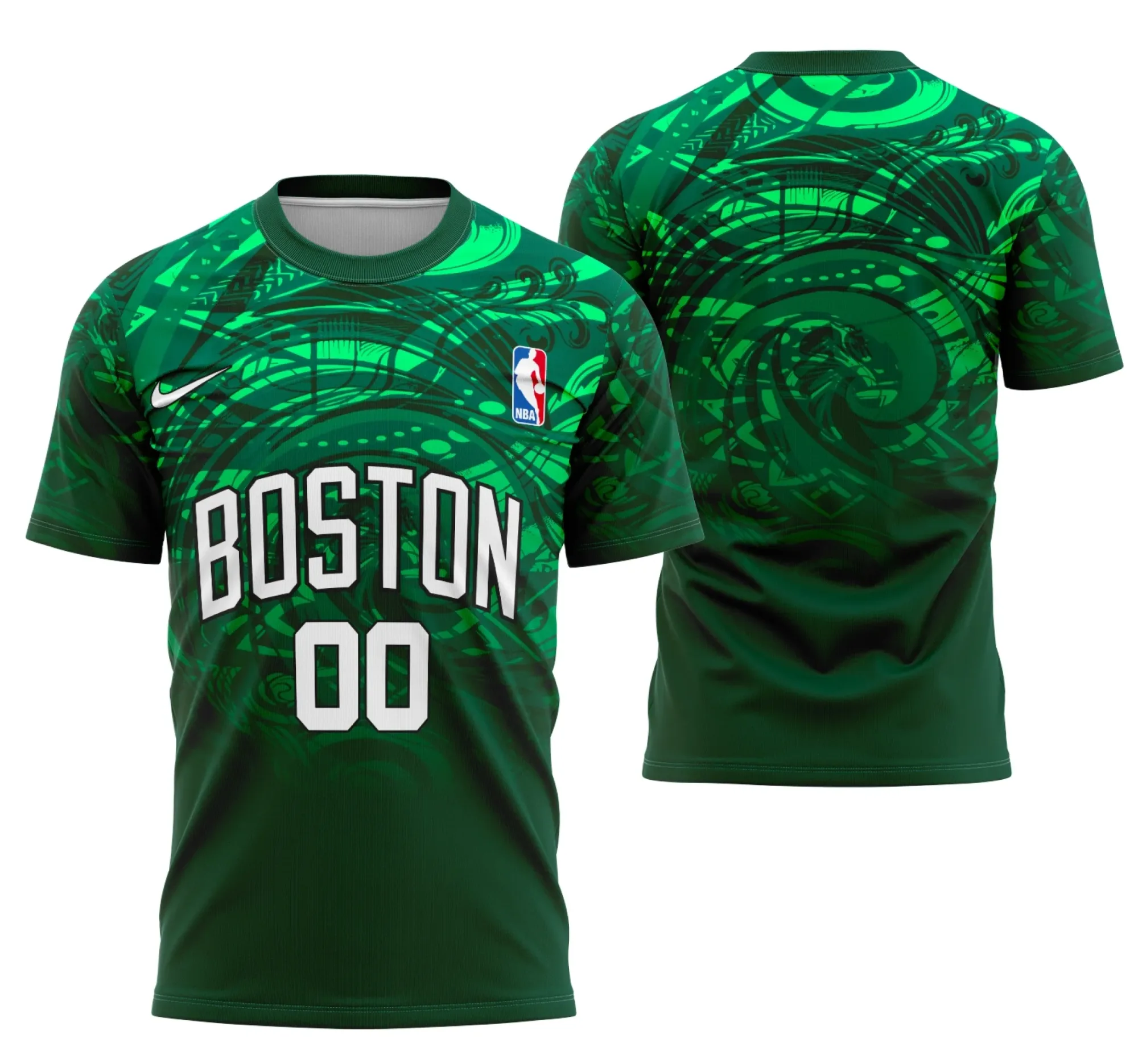 Camiseta unissex branca com logo no peito e estampa grande nas costas, tema Interclasse Conceito Boston Celtics, perfeita para fãs do basquete