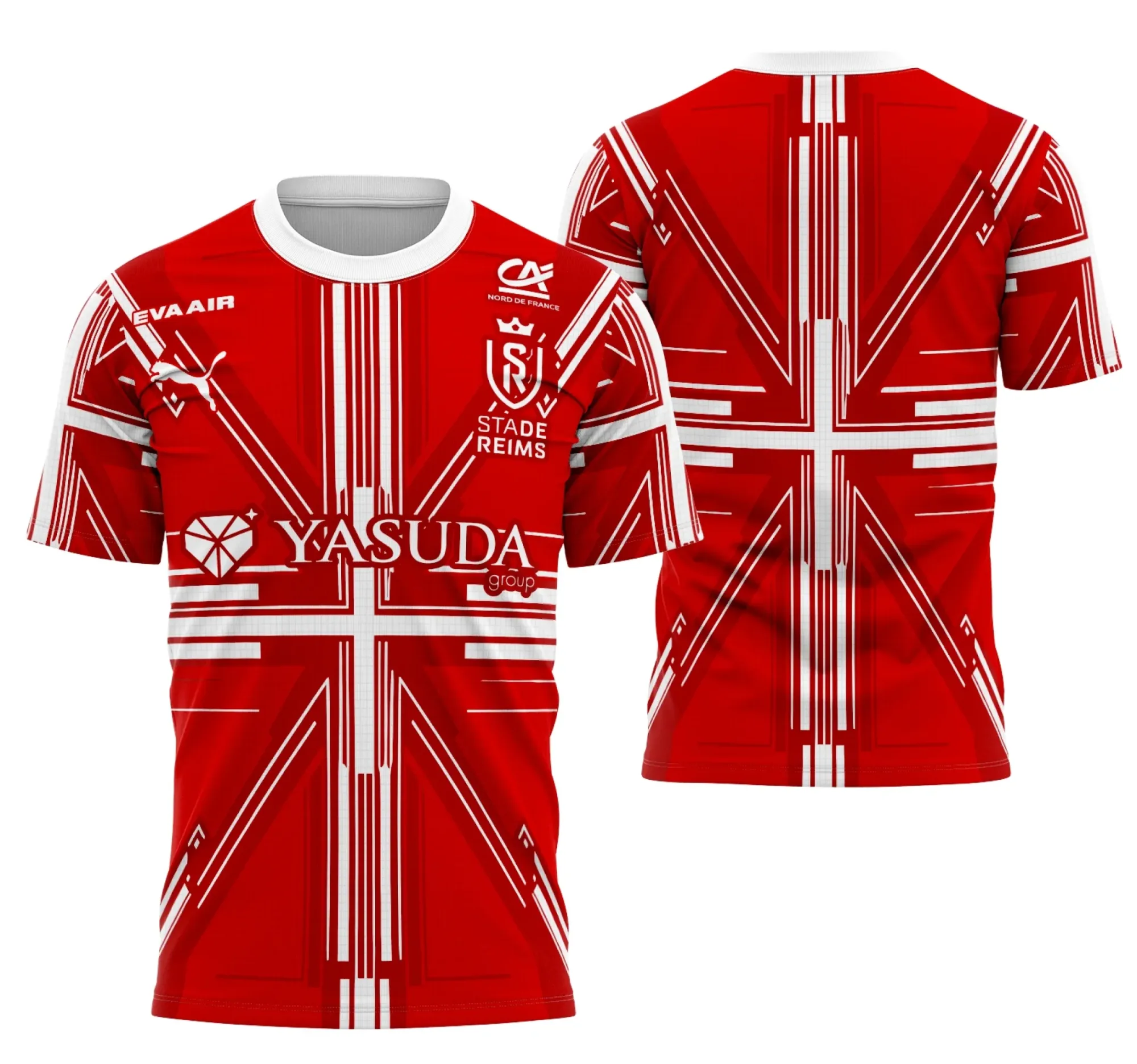 Camiseta unissex preta, logo no peito e estampa grande nas costas com o conceito do Estádio de Reims, perfeita para fãs de futebol e eventos esportivos.