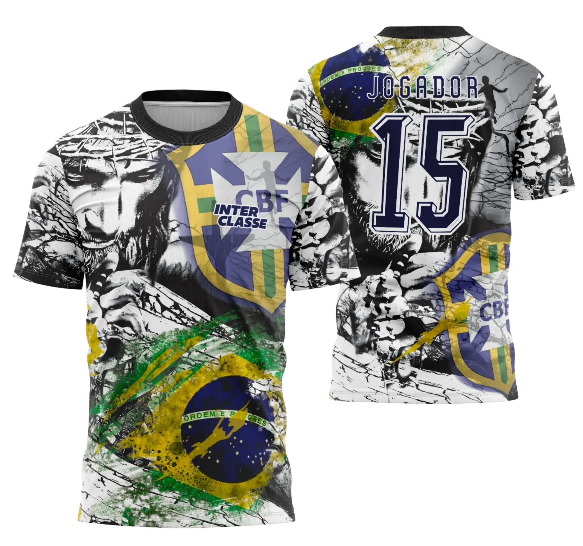Camiseta unissex branca com logo no peito e estampa grande nas costas, mostra Jesus Cristo no modelo 19 do Interclasse Futebol, ideal para fãs do tema religioso e esportivo.