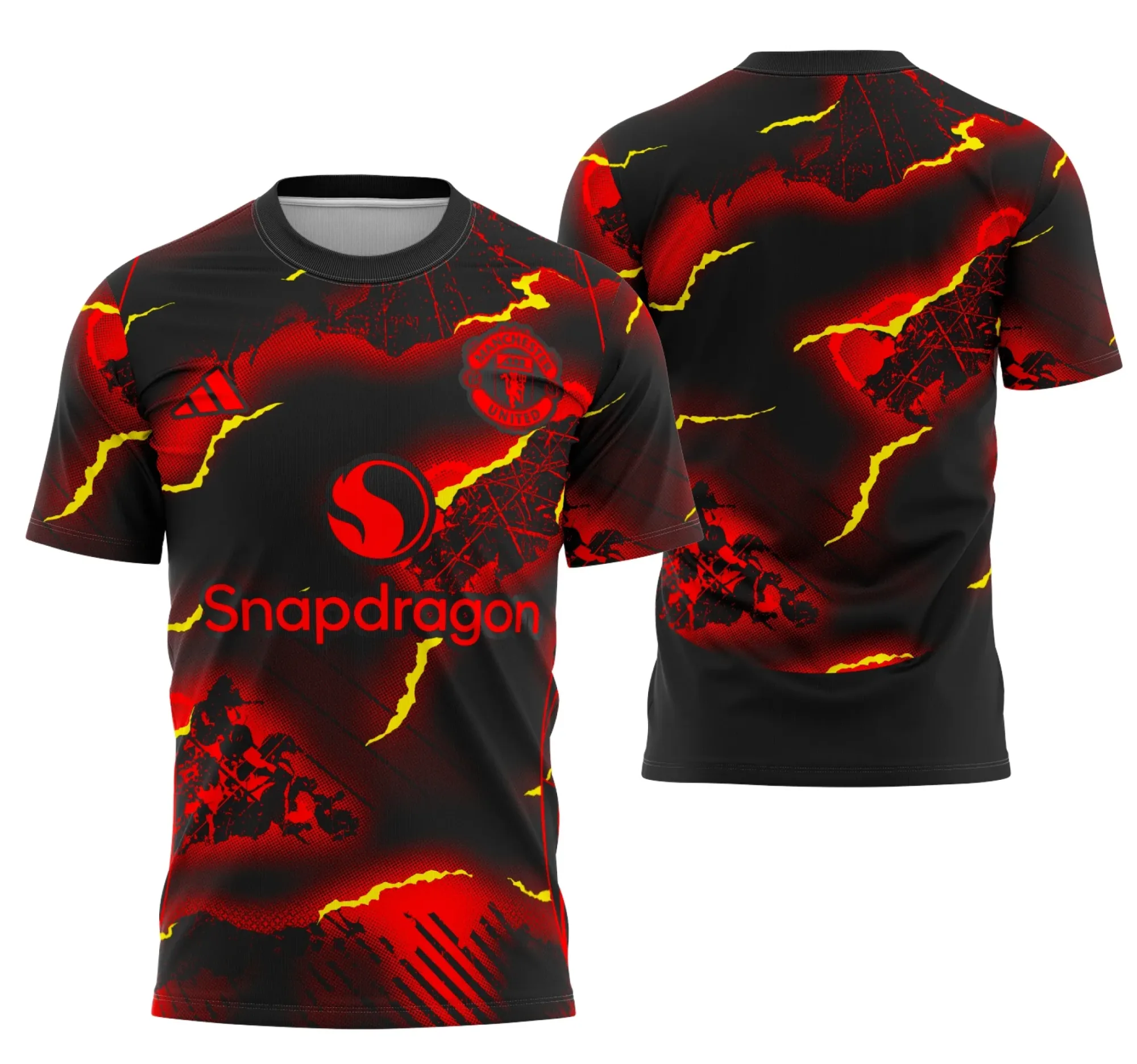 Camiseta unissex preta com logo no peito e estampa grande nas costas, tema Interclasse Conceito do Manchester United, perfeita para fãs do futebol.