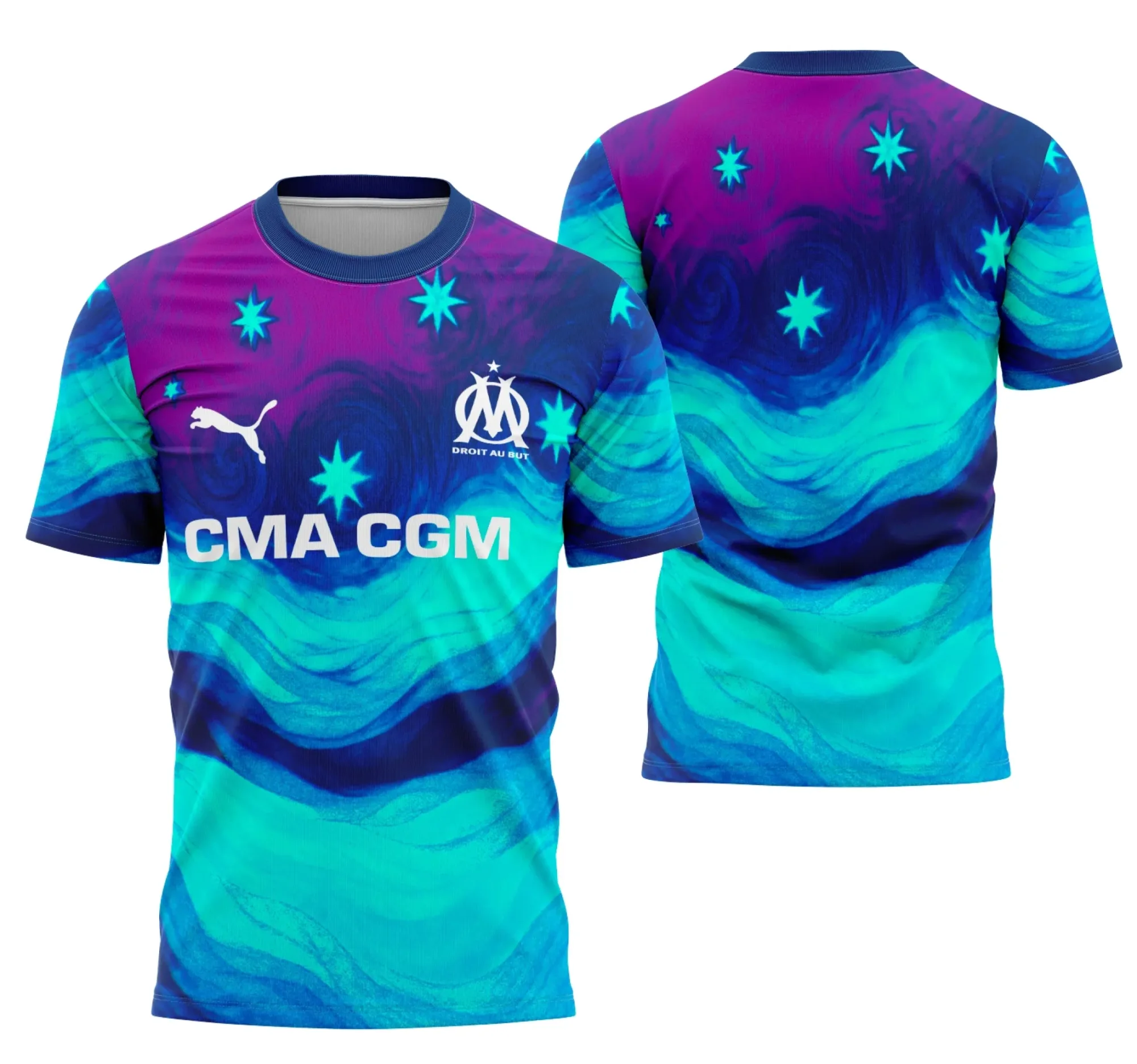 Camiseta unissex preta com logo no peito e estampa grande nas costas com tema Interclasse Conceito Olympique De Marselha.