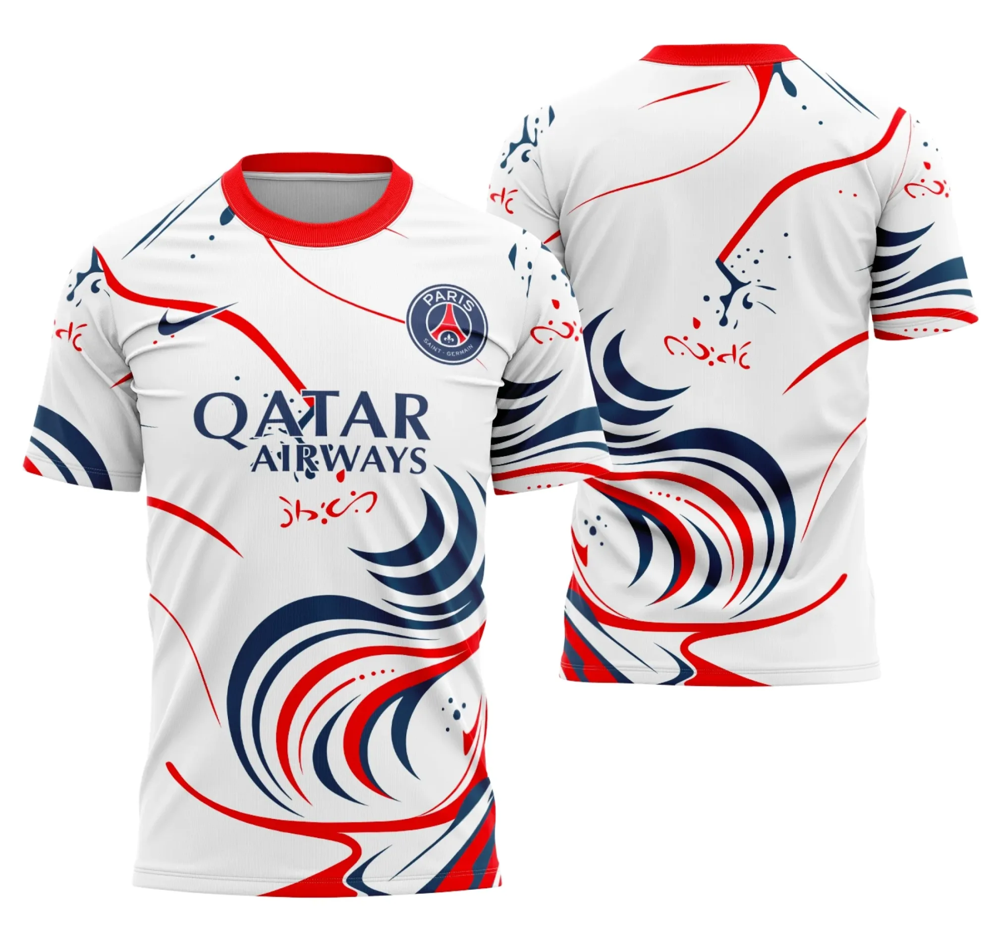 Camiseta unissex com base preta, logo no peito e estampa grande nas costas inspirada no conceito do Paris Saint-Germain, perfeita para fãs do futebol e estilo urbano.